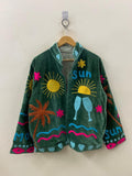 Green Velvet Suzani Short Spring Jacket |Embroidered Statement Coat | Sun, Palm, Moon & Heart Design | Colorful Festival Jacket |Duster Coat