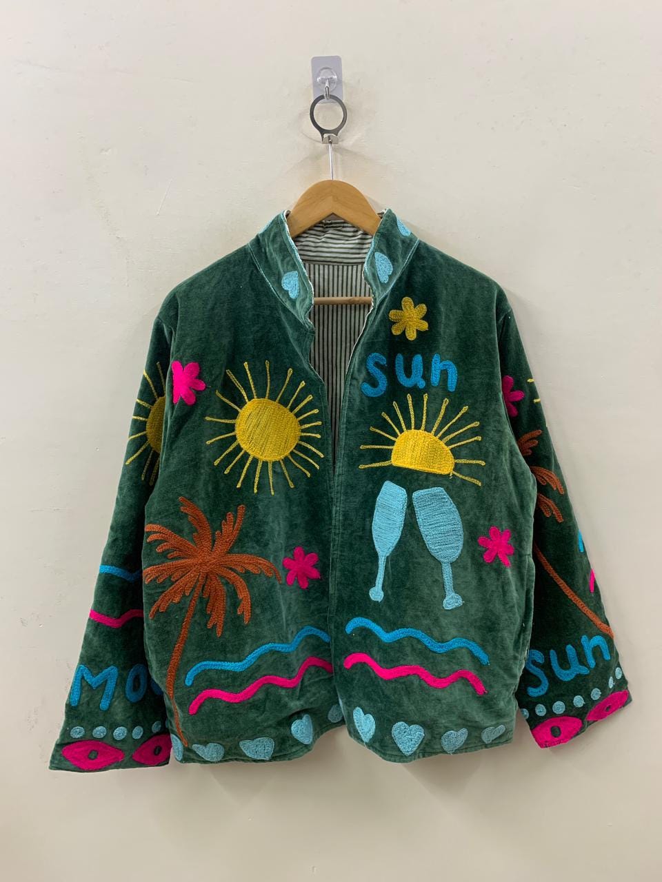 Green Velvet Suzani Short Spring Jacket |Embroidered Statement Coat | Sun, Palm, Moon & Heart Design | Colorful Festival Jacket |Duster Coat