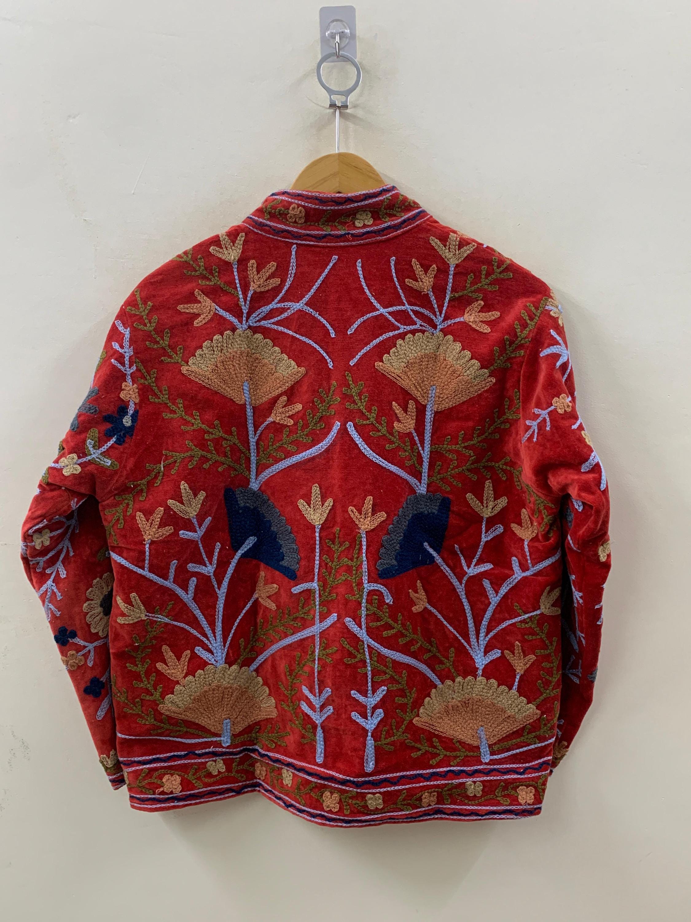 Red Velvet Suzani Hand Embroidered Jacket | Kimono Jacket | Winter Jacket | Unisex Coat | Vintage Jacket | Warm Outerwear | Gift for Her