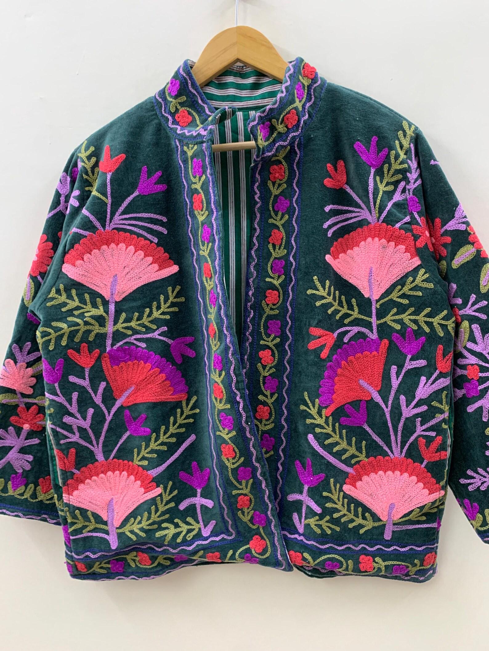 Handmade Velvet Embroidery Suzani Jacket | Boho Coat | Unisex Bridesmaid Coat | Winter Jacket | Kimono Robe, Duster Jacket, Gift For Her