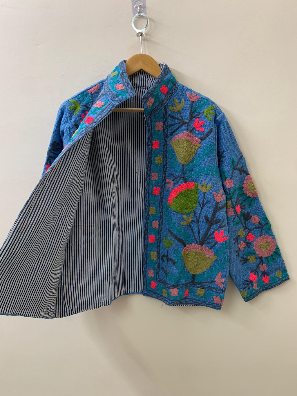 Blue Suzani TNT Fabric Short Spring Jacket | Duster TNT Jacket | Button Winter Outerwear Jacket |Spring Bomber Coat| Gift For Her | TNT Coat