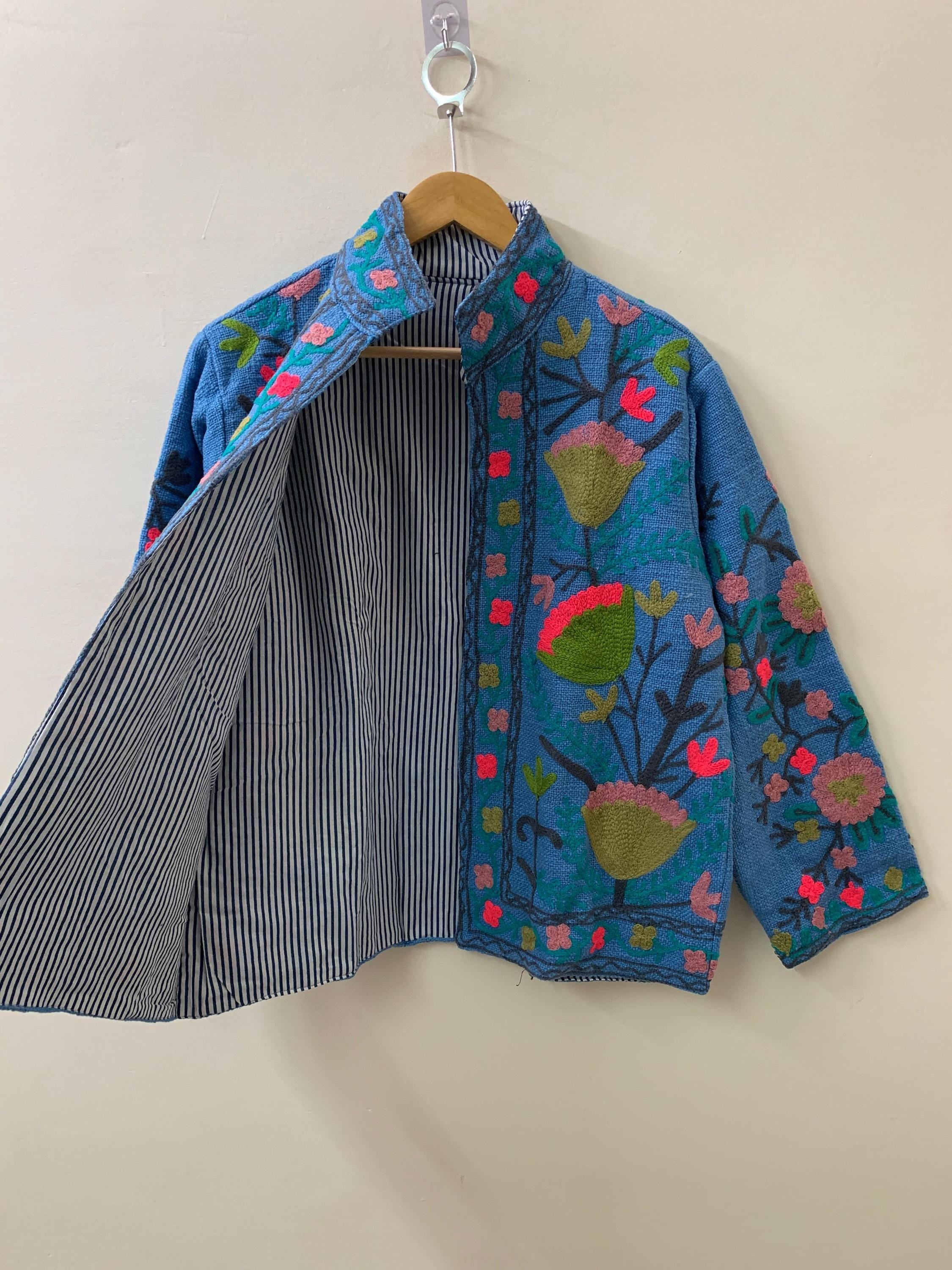 Blue Suzani TNT Fabric Short Spring Jacket | Duster TNT Jacket | Button Winter Outerwear Jacket |Spring Bomber Coat| Gift For Her | TNT Coat