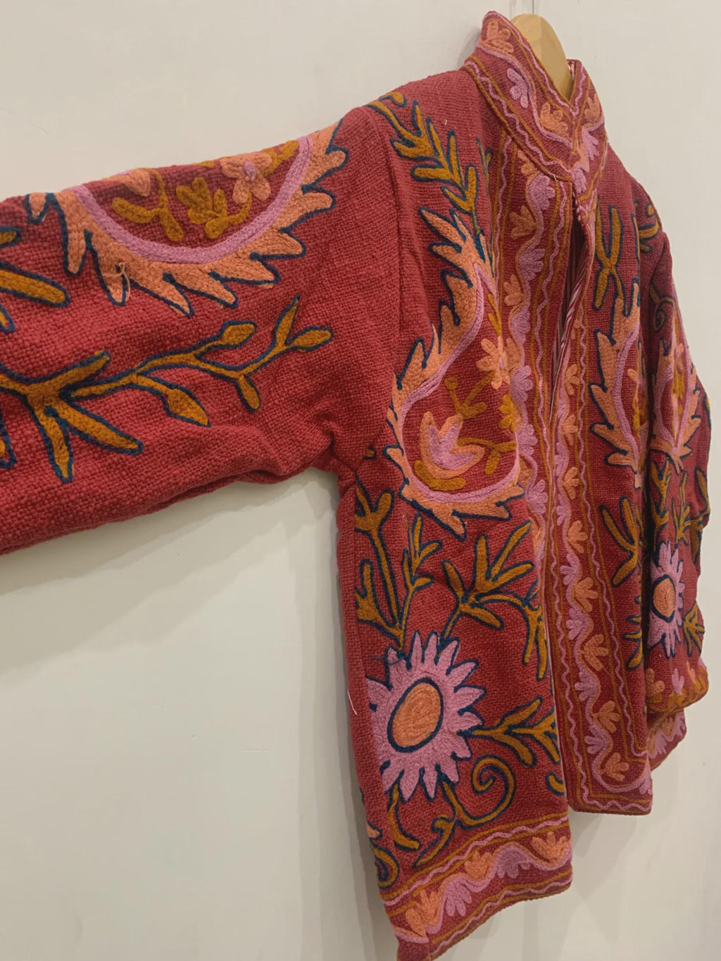 Red Cotton Suzani Hand Embroidered Jacket: Boho Ethnic Clothing, Embroidery Coat, Suzani Cotton Boho Jacket, Gift For Her, Boho Suzani Coat