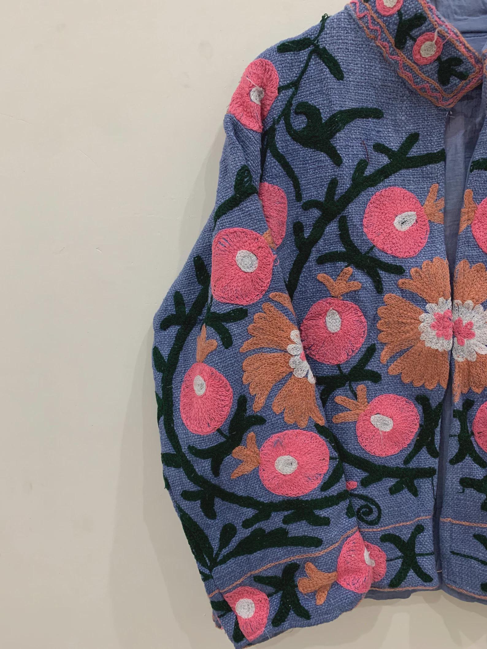 Women's Suzani Cotton Short Duster Coat, Indian Cotton Handmade Embroidery Coat, Suzani Cotton Boho Jacket, Gift For Her, Boho Suzani Coat