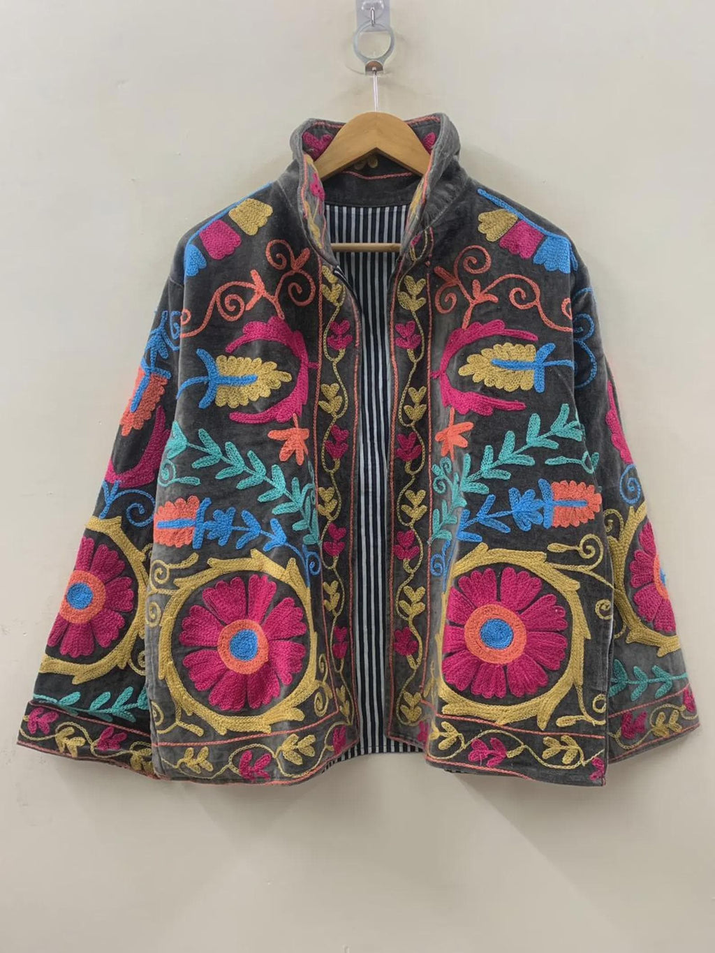 Suzani Embroidered Velvet Winter Jacket | Short Festival Coat | Ethnic Bohemian Outerwear | Winter Kimono Jacket | Gift For Wife