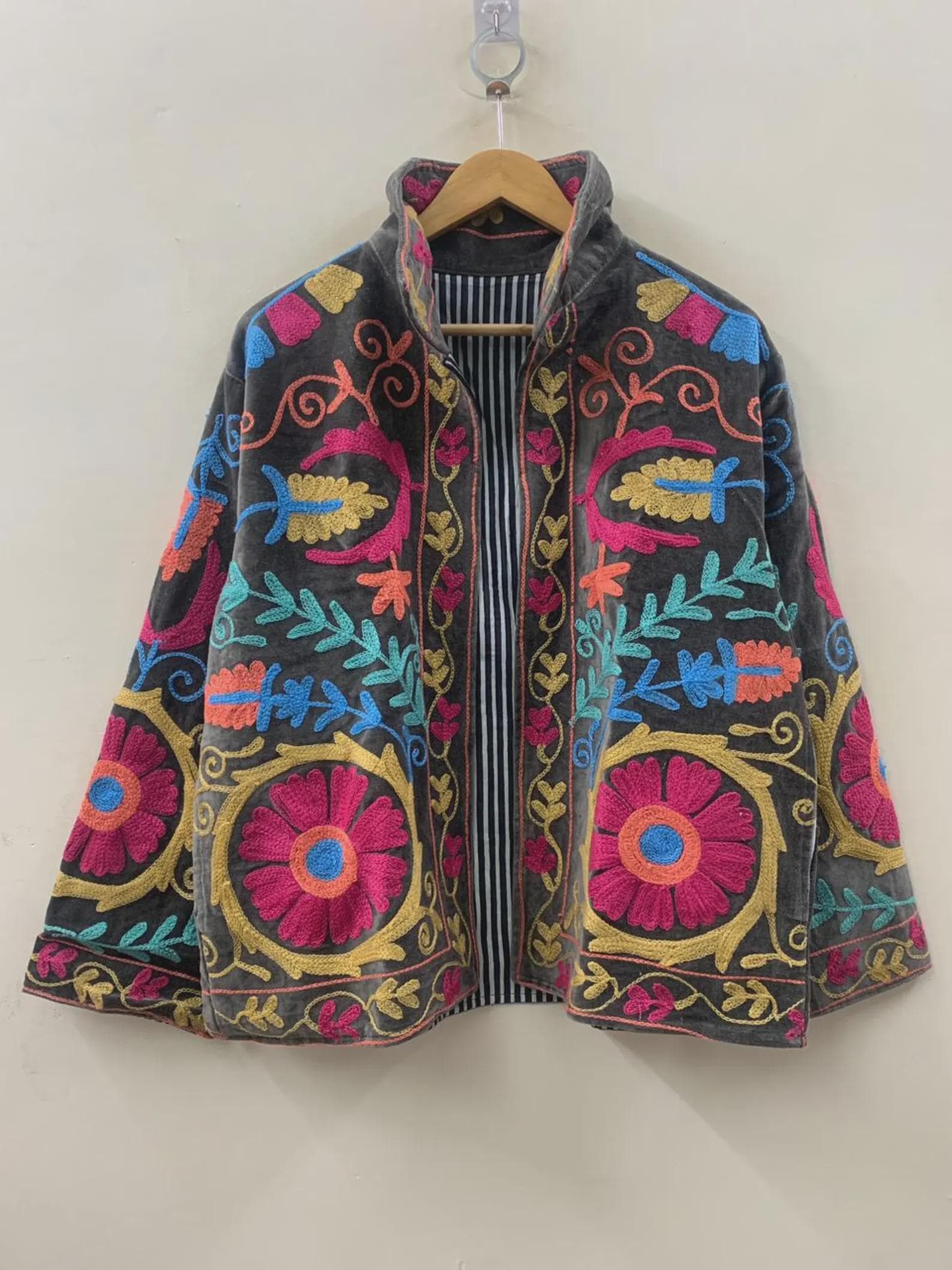 Suzani Embroidered Velvet Winter Jacket | Short Festival Coat | Ethnic Bohemian Outerwear | Winter Kimono Jacket | Gift For Wife