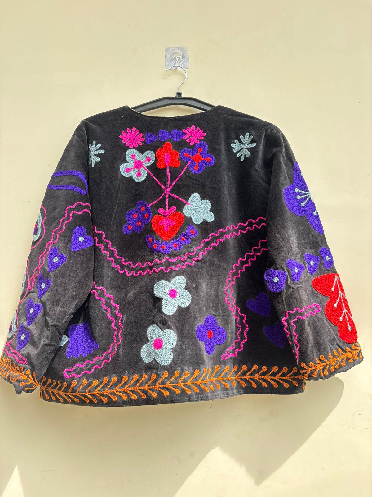Suzani Velvet Jacket | Embroidered Coat | Traditional Coat | Cropped Jacket | Warm Winter Outerwear | Gift for Her | Bohemian Winter Coat