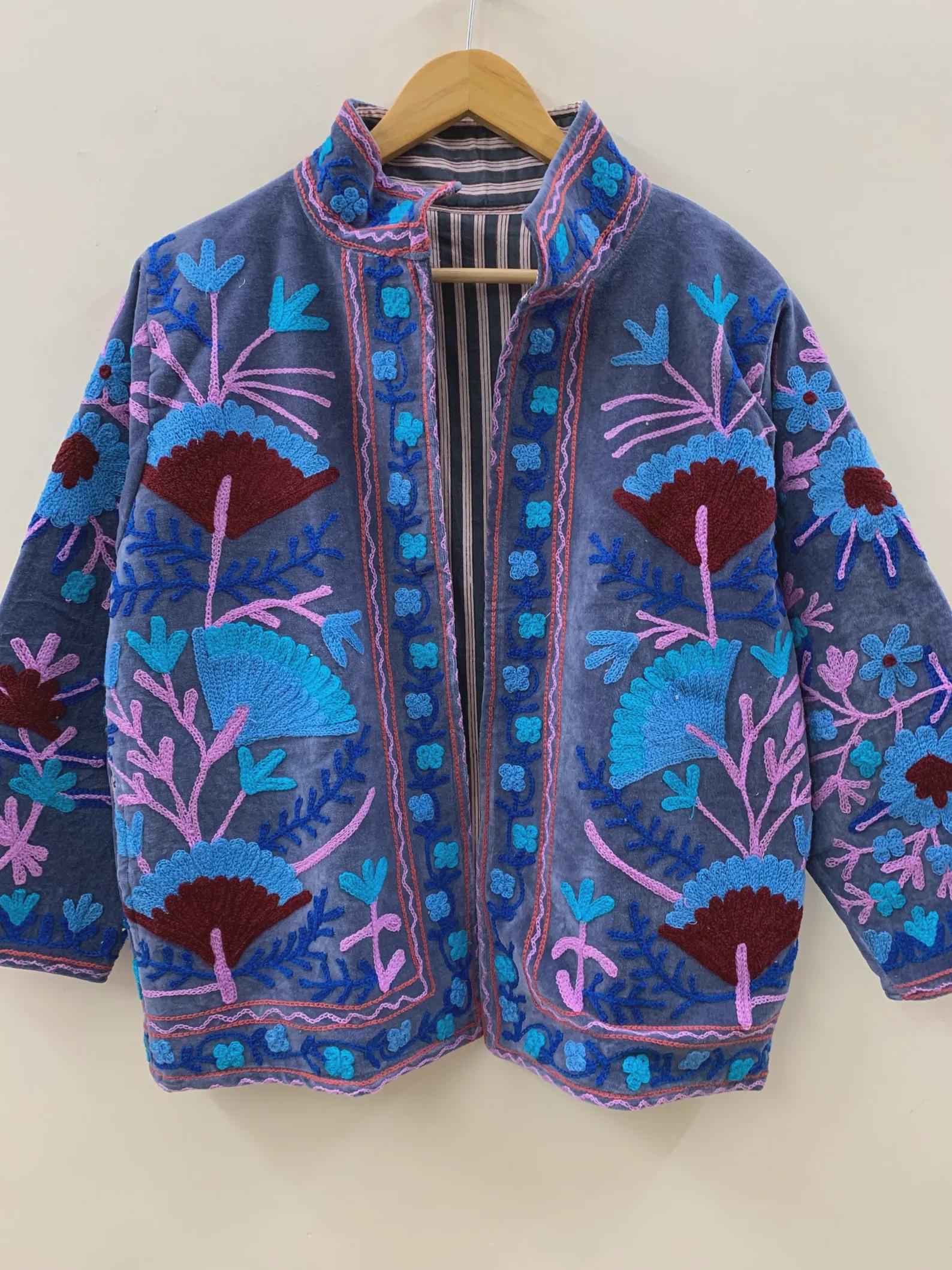 Boho Suzani Velvet Kimono Jacket | Embroidered Jacket | Vintage Tribal Outerwear | Cropped Coat | Winter Clothing | Gift Idea for Her