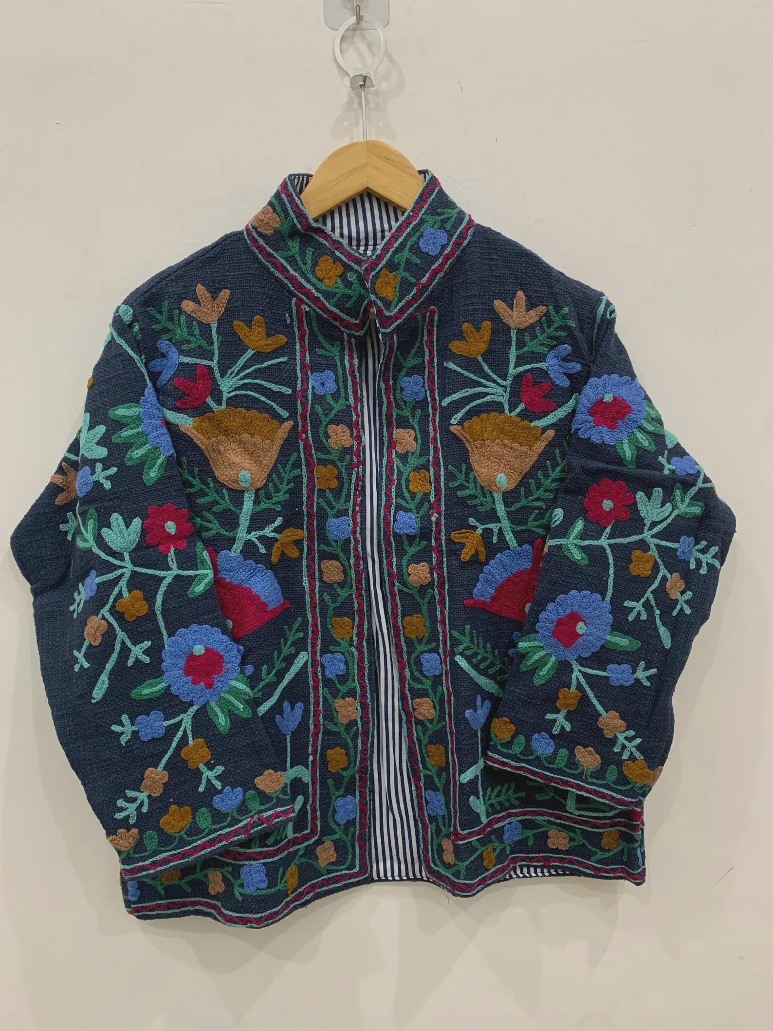 Black Floral Velvet Suzani Jacket | Embroidered Winter Short Coat | Gift For Her