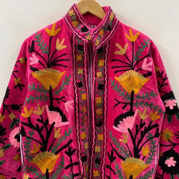 Pink Bohemian Suzani Velvet Jacket | Handmade Embroidered Coat | Traditional Floral Jacket | Ethnic Festival Outfit | Winter Wear Jacket