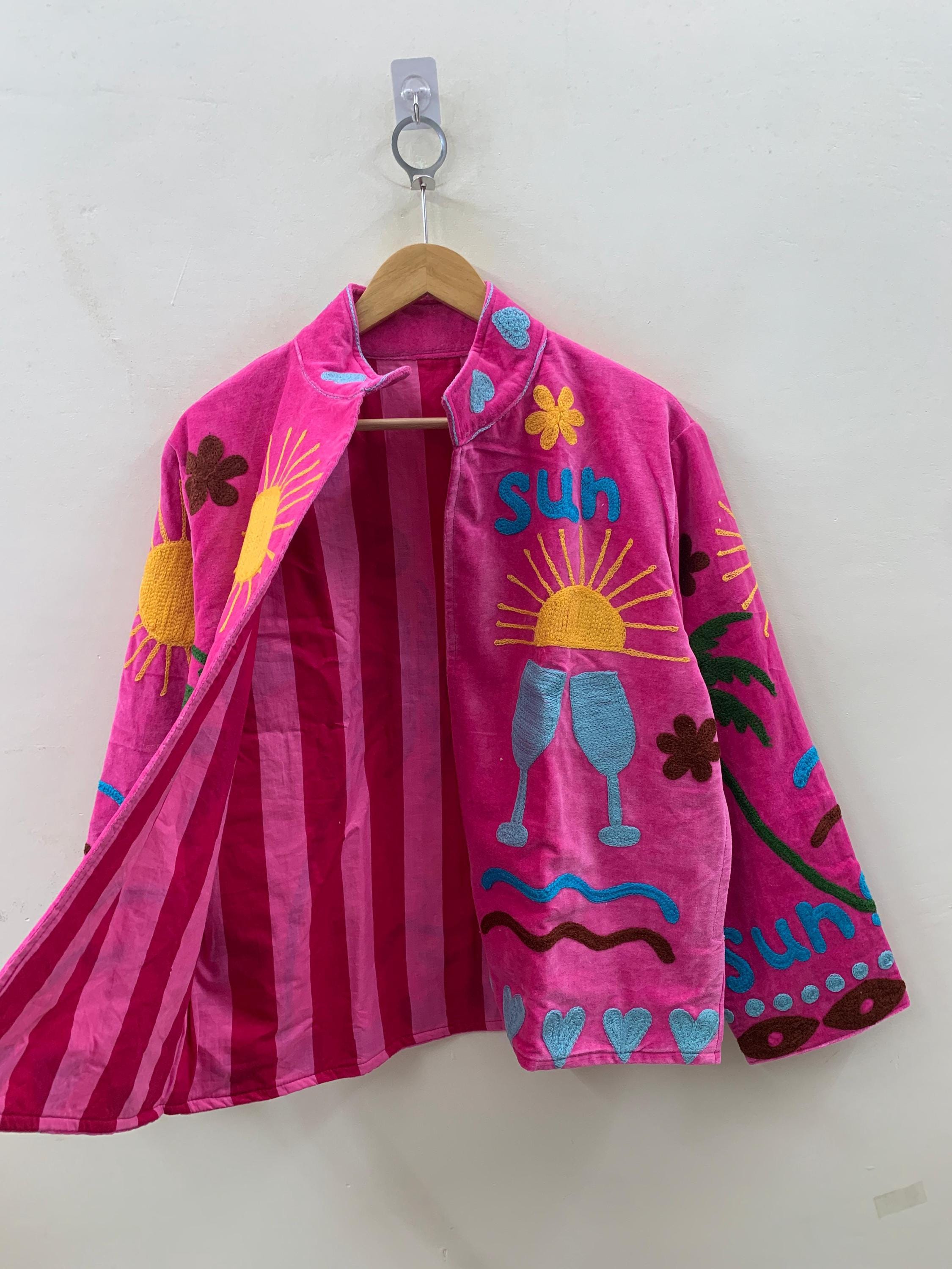 Bright Pink Velvet Suzani Short Jacket-Sun, Palm, Moon & Heart Design |Embroidered Statement Coat |  |Colorful Festival Jacket |Duster Coat