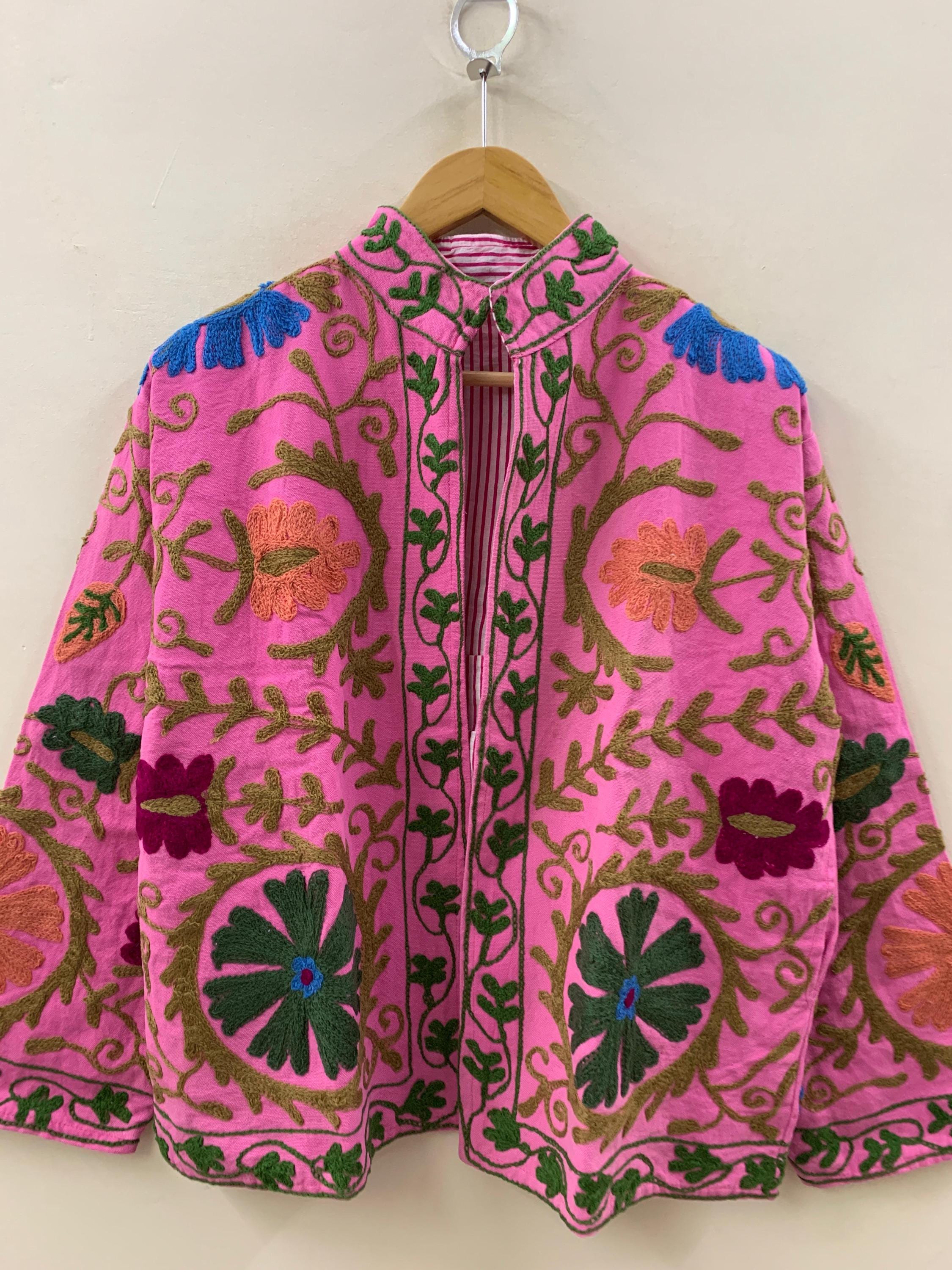 Embroidered Coat -Vintage Floral Cotton Suzani Short Jacket – Tribal Festival Kimono Jacket |Gift For Her | Duster Jacket | Bomber Chic Coat