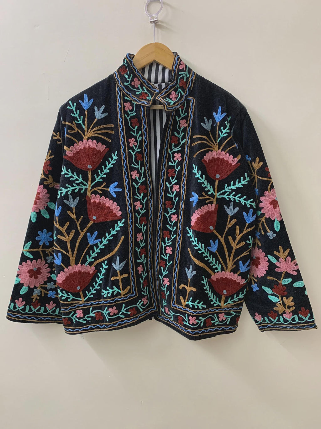 Boho Ethnic Suzani Velvet Cropped Winter Jacket | Traditional Boho Festival Coat | Handmade Embroidered Kimono Outerwear | Gift for Her
