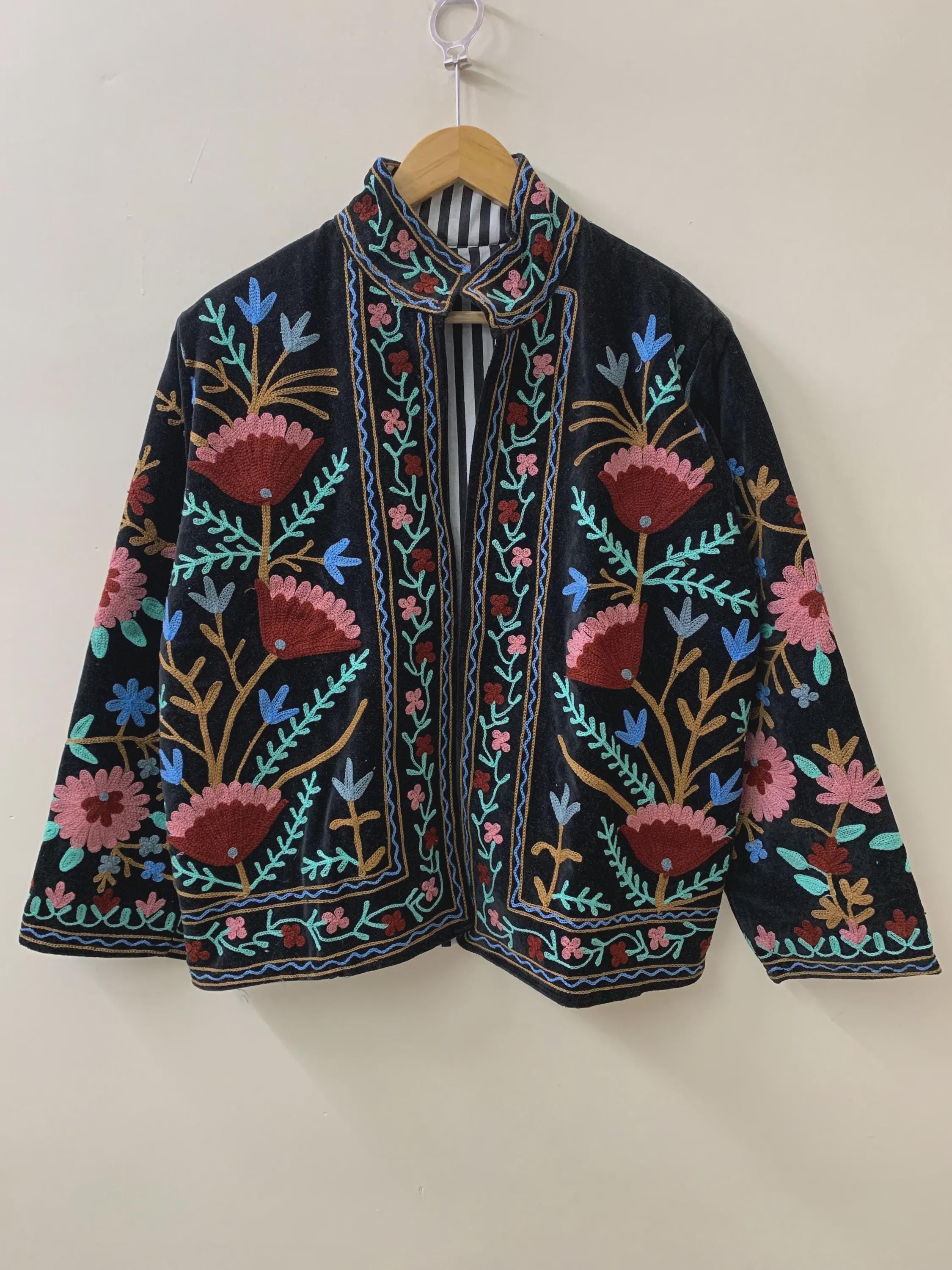 Boho Ethnic Suzani Velvet Cropped Winter Jacket | Traditional Boho Festival Coat | Handmade Embroidered Kimono Outerwear | Gift for Her