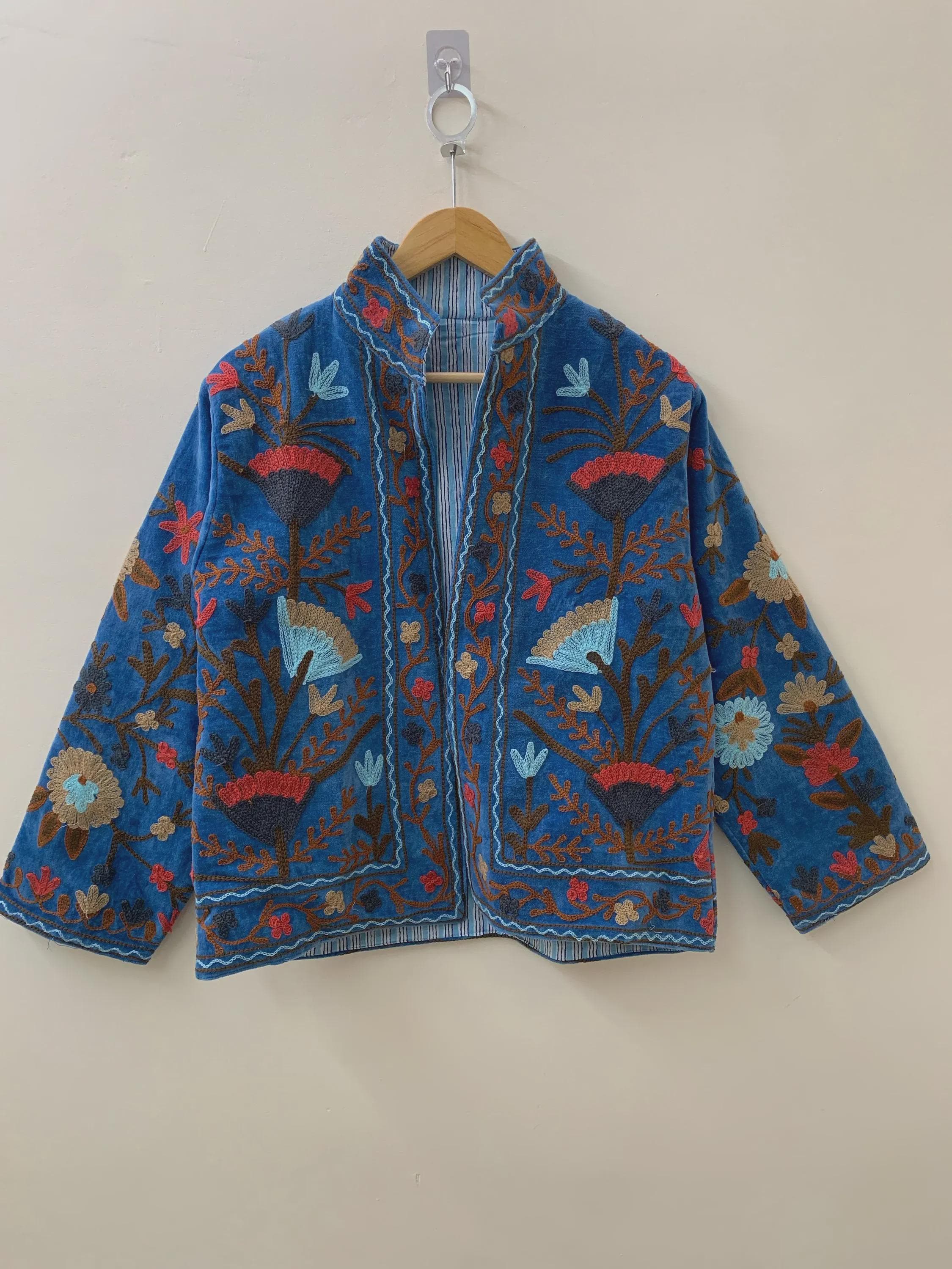 Blue Embroidery Suzani Velvet Short Jacket, Indian Handmade Floral Coat, Unisex Bridesmaid Gift, Winter Jacket, Women's Coat, Suzani Jacket