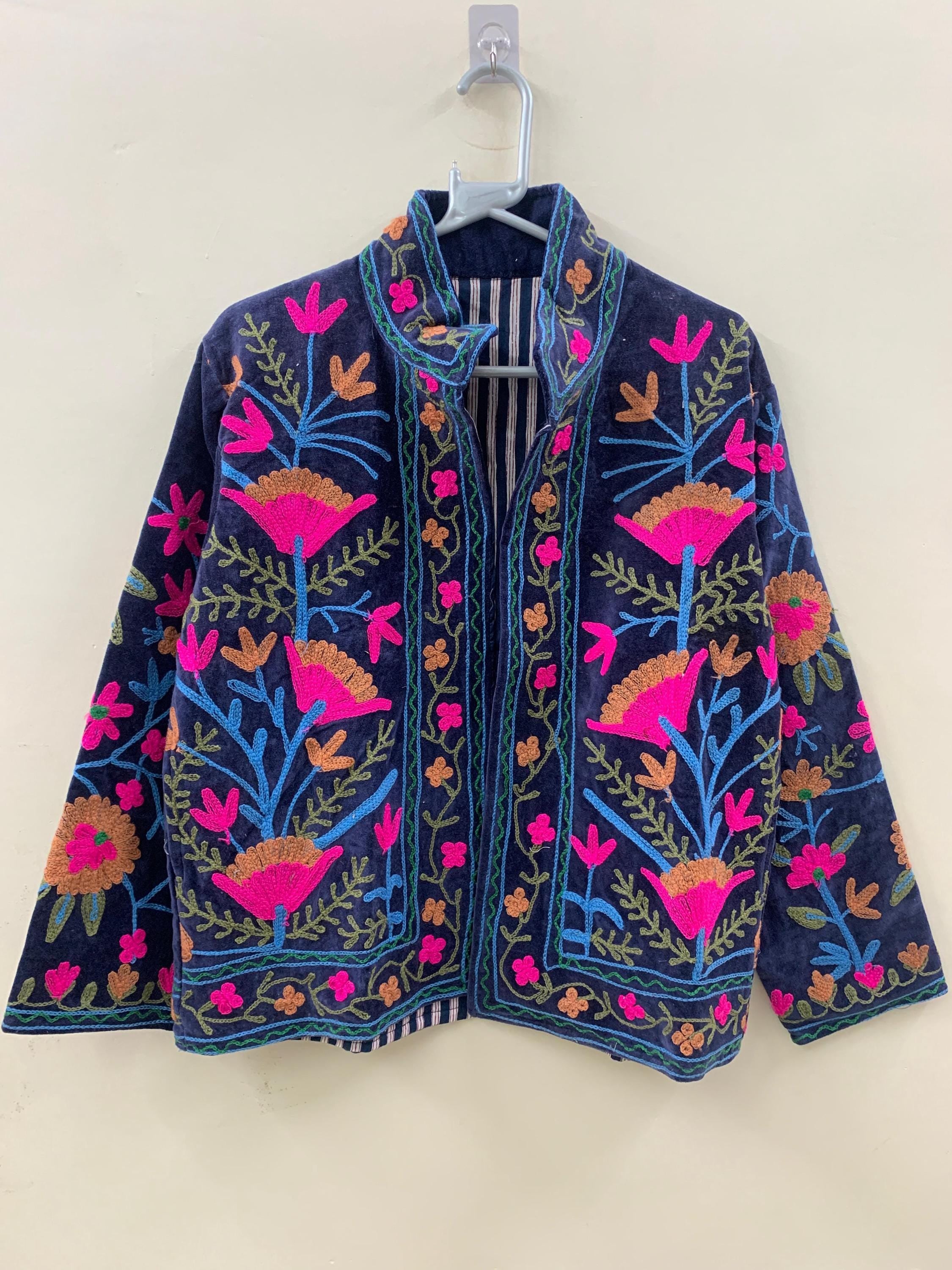 Blue Suzani Velvet Jacket Women |Embroidered Short Coat | Vintage Ethnic Style | Cropped Jacket | Winter Jacket | Gift For Her | Suzani Coat