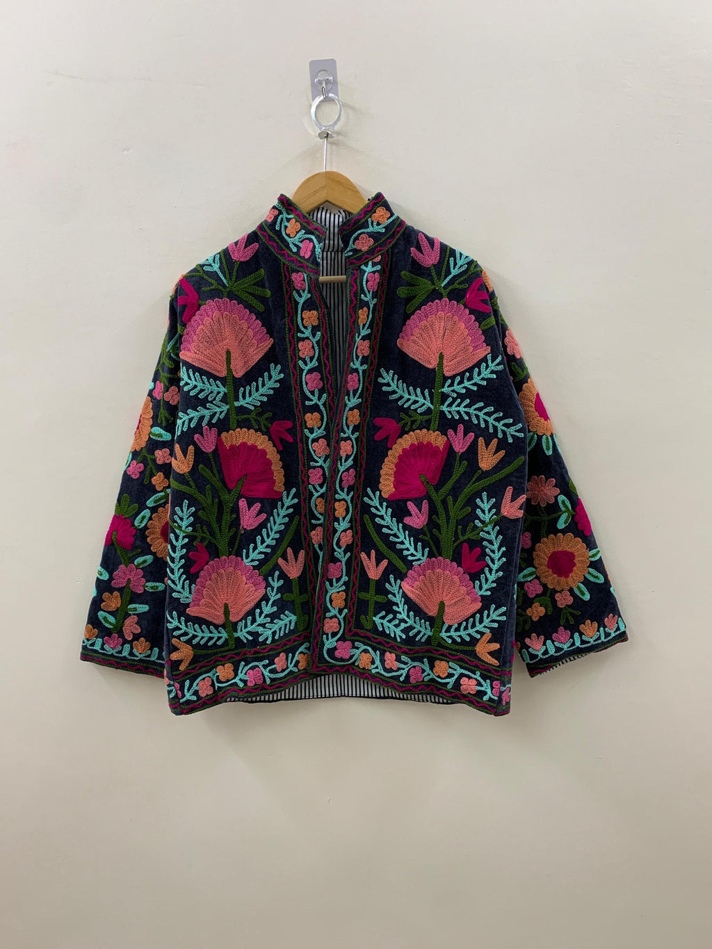 Embroidered Suzani Fabric Short Velvet Jacket | Button Winter Coat | Short Jacket | Spring Bomber Jacket | Gift For Her | Velvet Coat