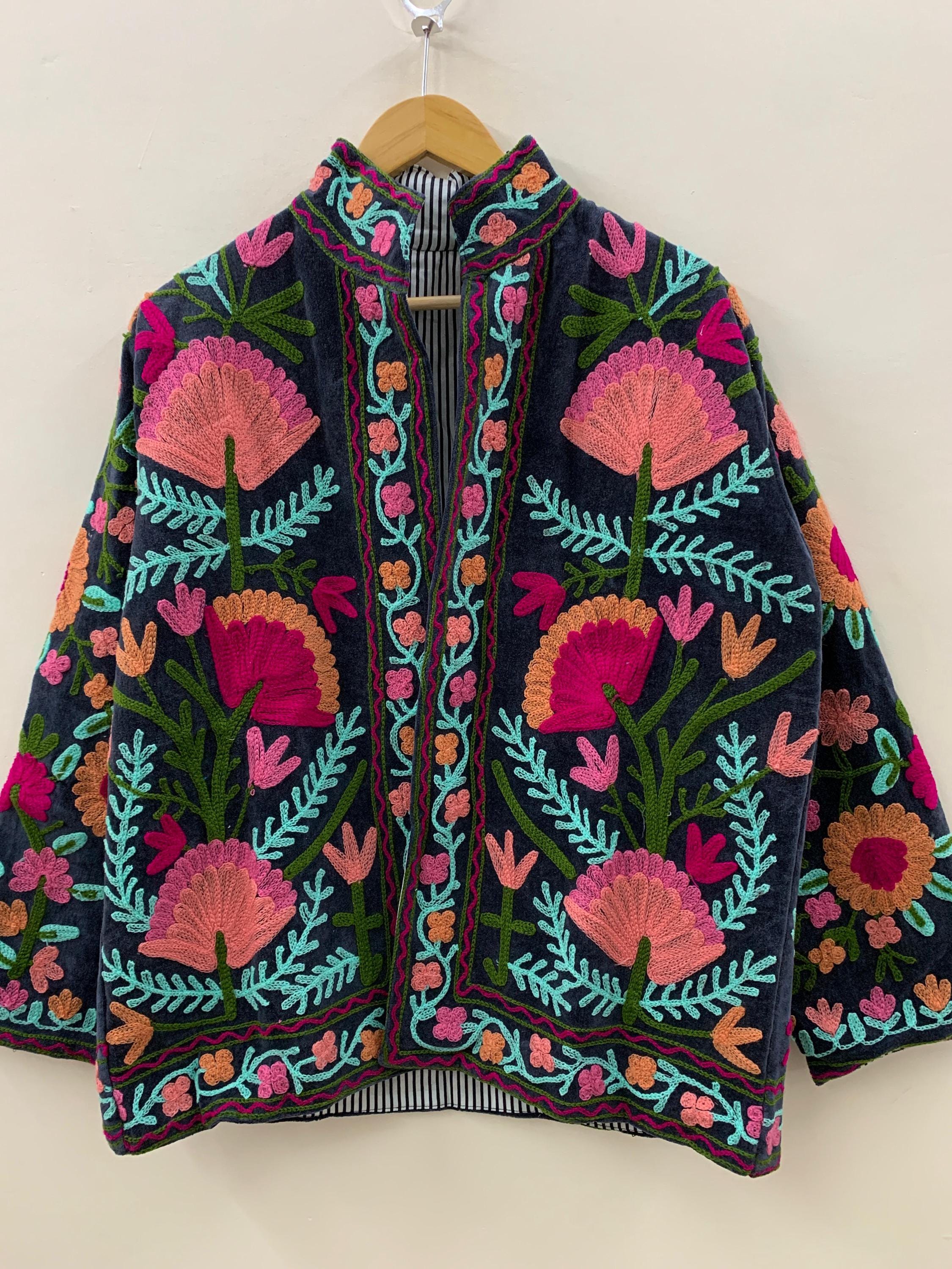 Embroidered Suzani Fabric Short Velvet Jacket | Button Winter Coat | Short Jacket | Spring Bomber Jacket | Gift For Her | Velvet Coat