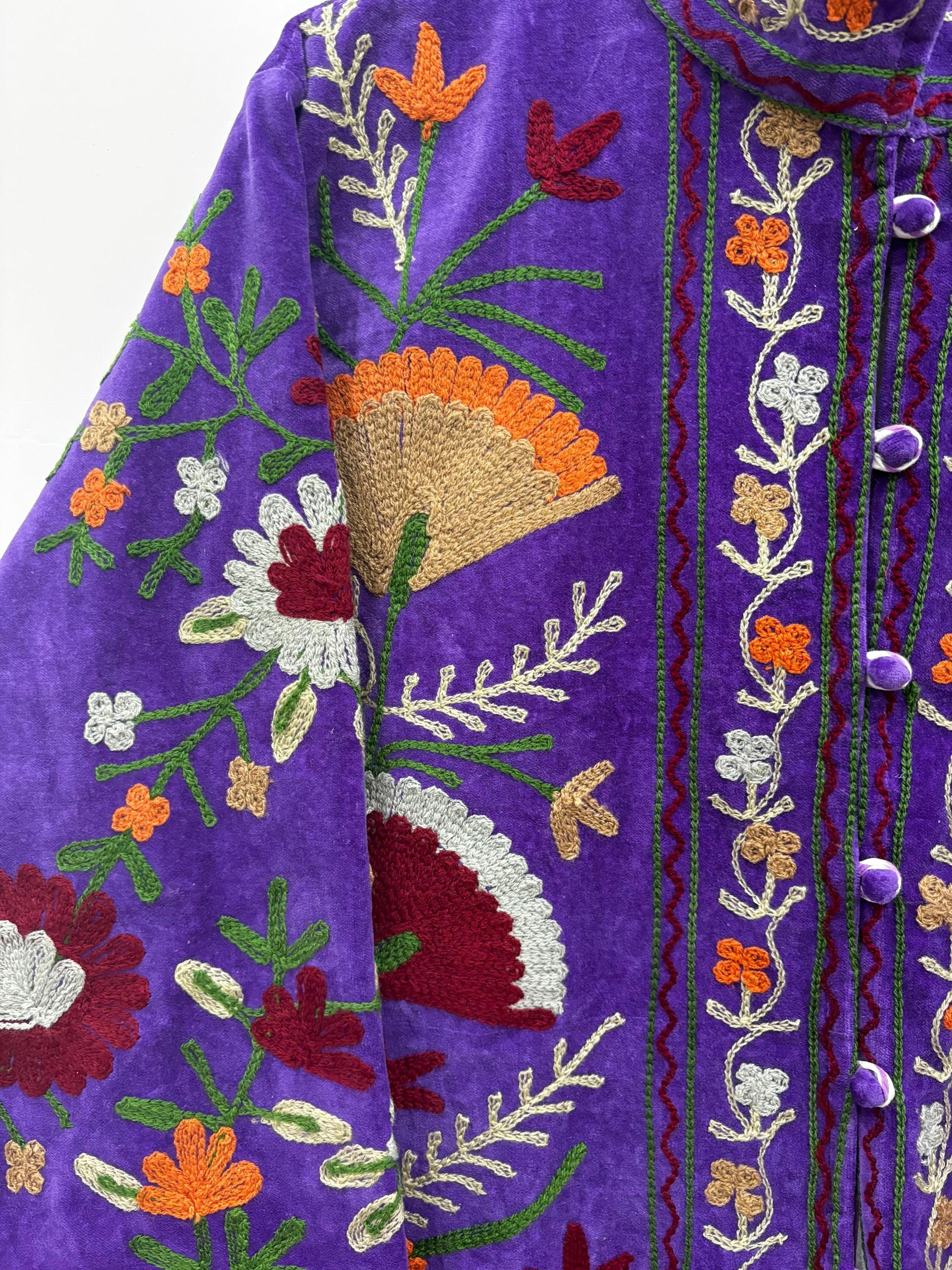 Purple Suzani Embroidery Jacket Batton Coat, Winter Suzani Jacket, Velvet Kimono Coat, Suzani Coat, Outerwear, Travel Jacket, Gift For Her