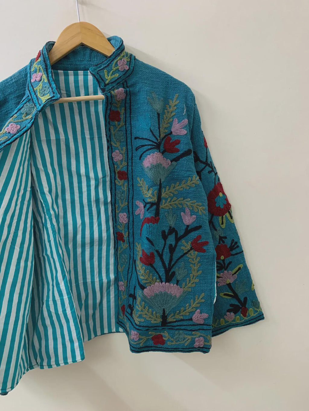 Blue TNT Suzani Short Jacket | Vintage Boho Embroidered Coat | Ethnic Uzbek Textile |Festival Kimono Jacket | Warm Outerwear |Gift For Her