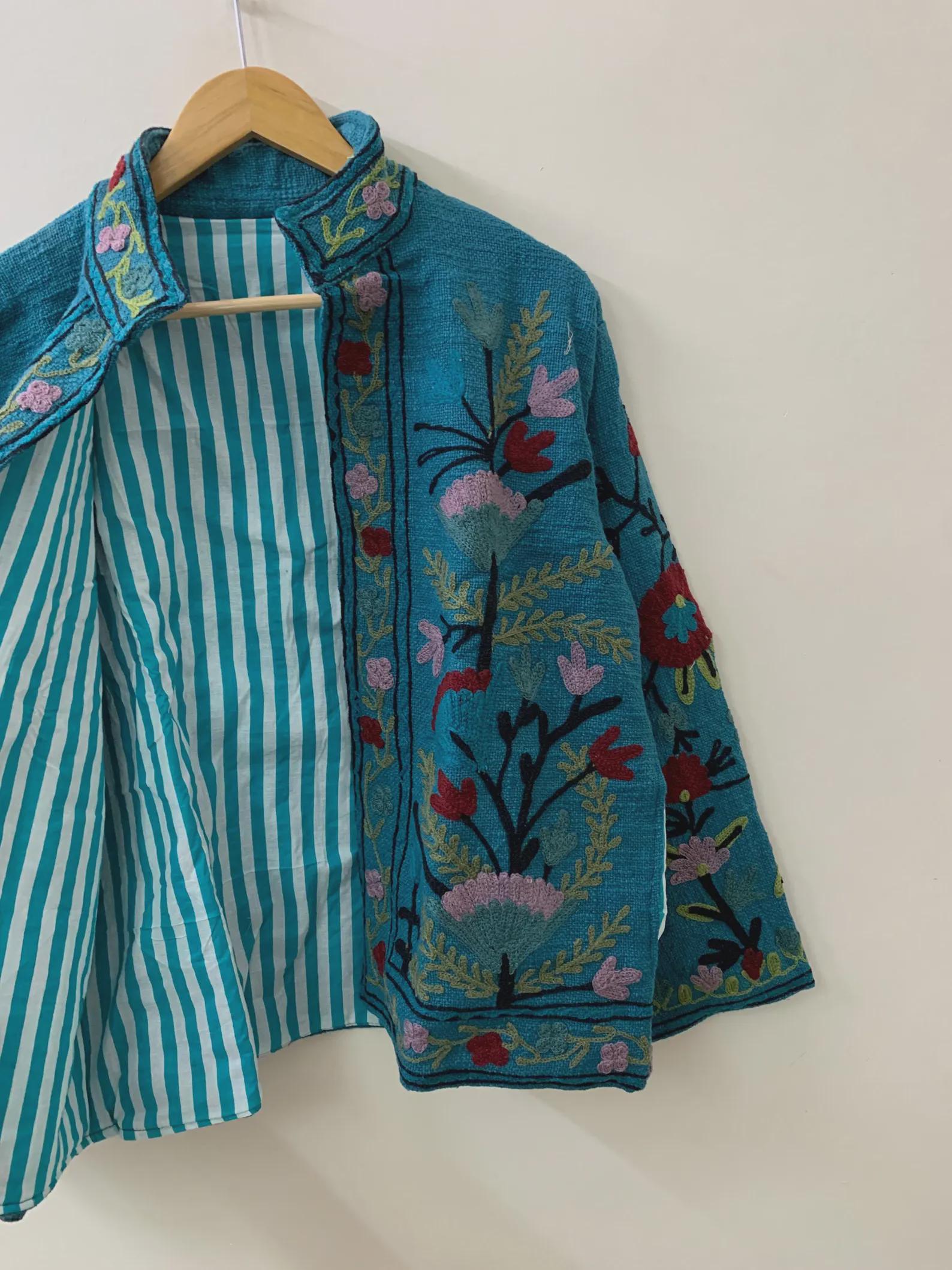 Blue TNT Suzani Short Jacket | Vintage Boho Embroidered Coat | Ethnic Uzbek Textile |Festival Kimono Jacket | Warm Outerwear |Gift For Her