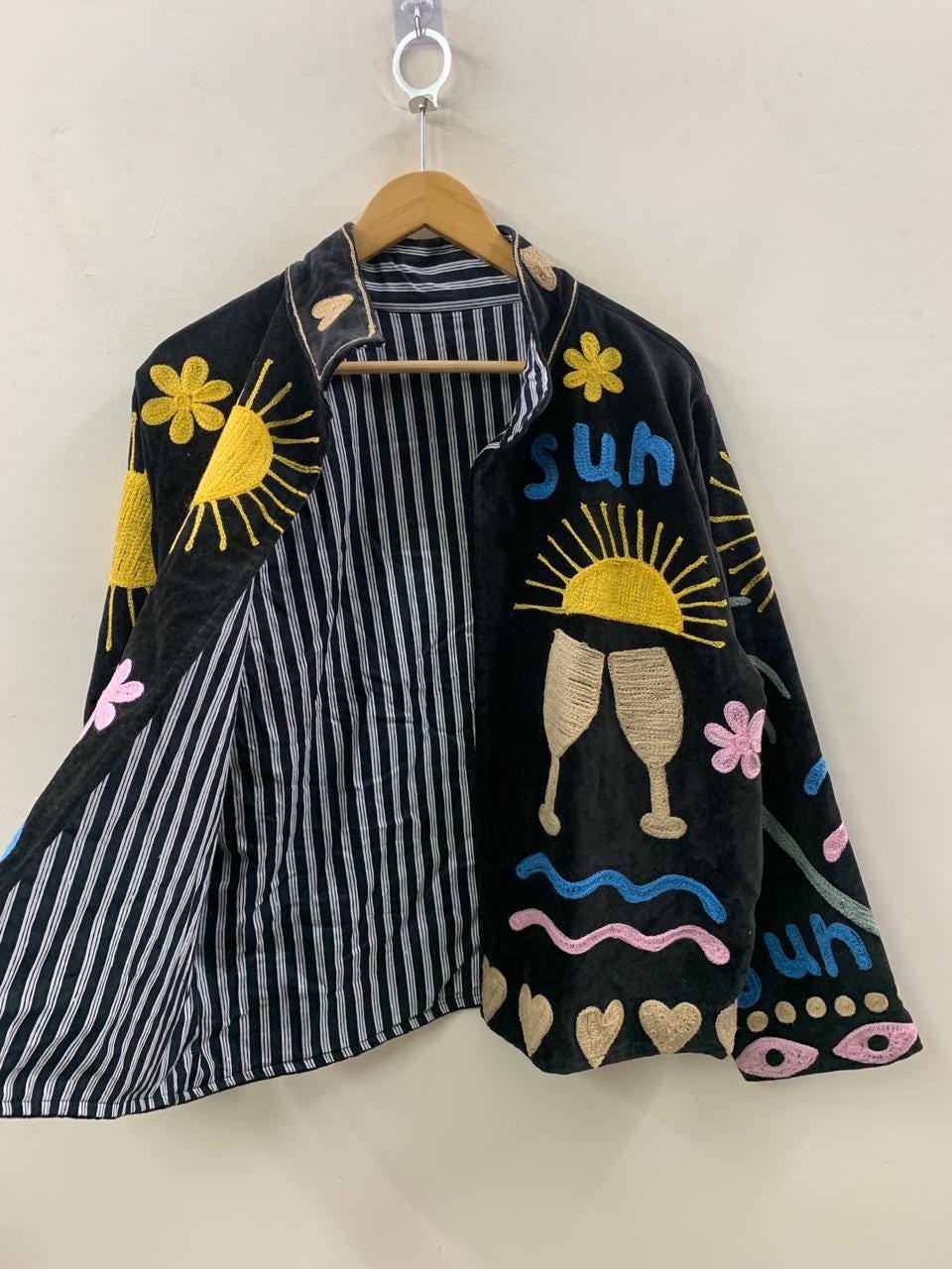 Black Unique Velvet Suzani Short Jacket |Embroidered Statement Coat | Sun, Palm, Moon & Heart Design | Colorful Festival Jacket |Duster Coat