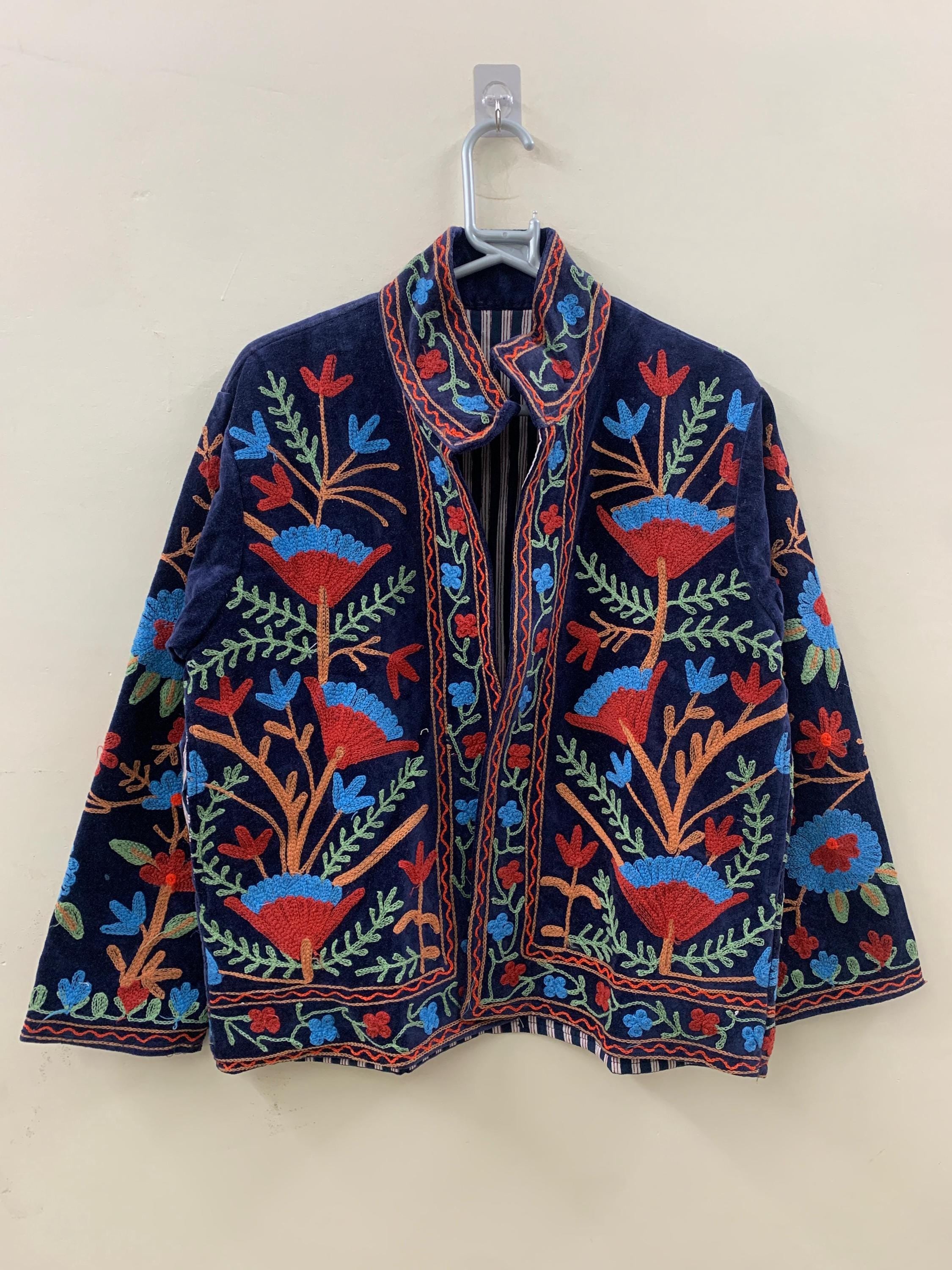 Boho Suzani Velvet Coat | Embroidered Short Jacket Women | Vintage Ethnic Outerwear | Cropped Coat | Winter Wear Outerwear | Gift For Her