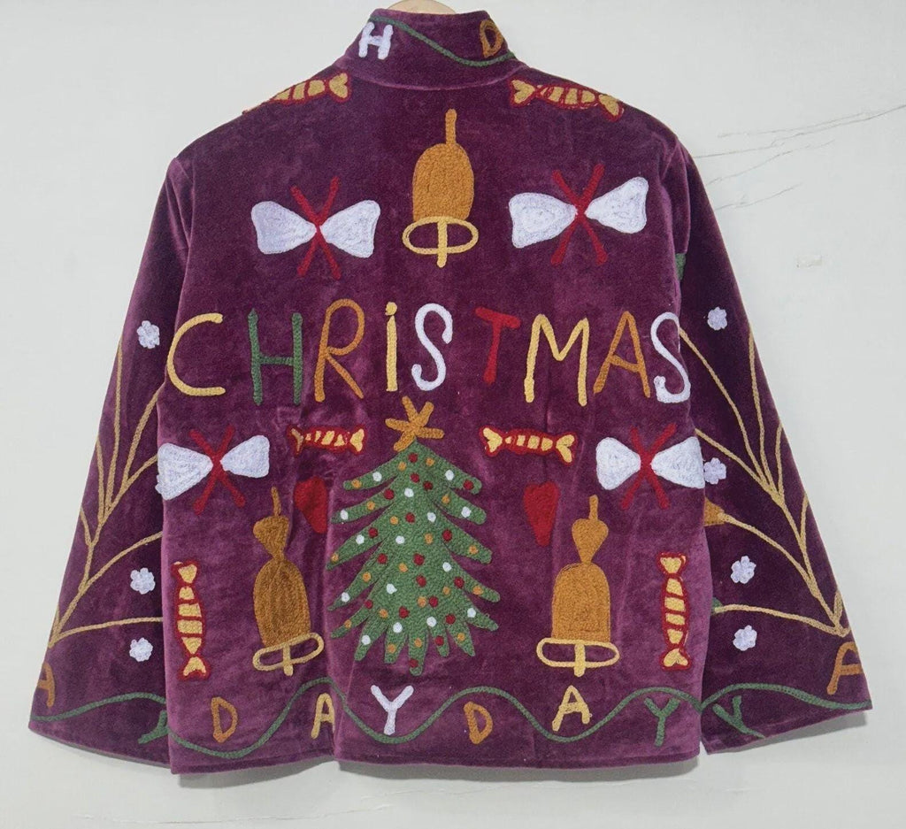 Christmas Suzani Velvet Jacket for Women | Traditional Jacket | Winter Warm Coat | Hand Embroidered Santa Coat | Gift for Wife