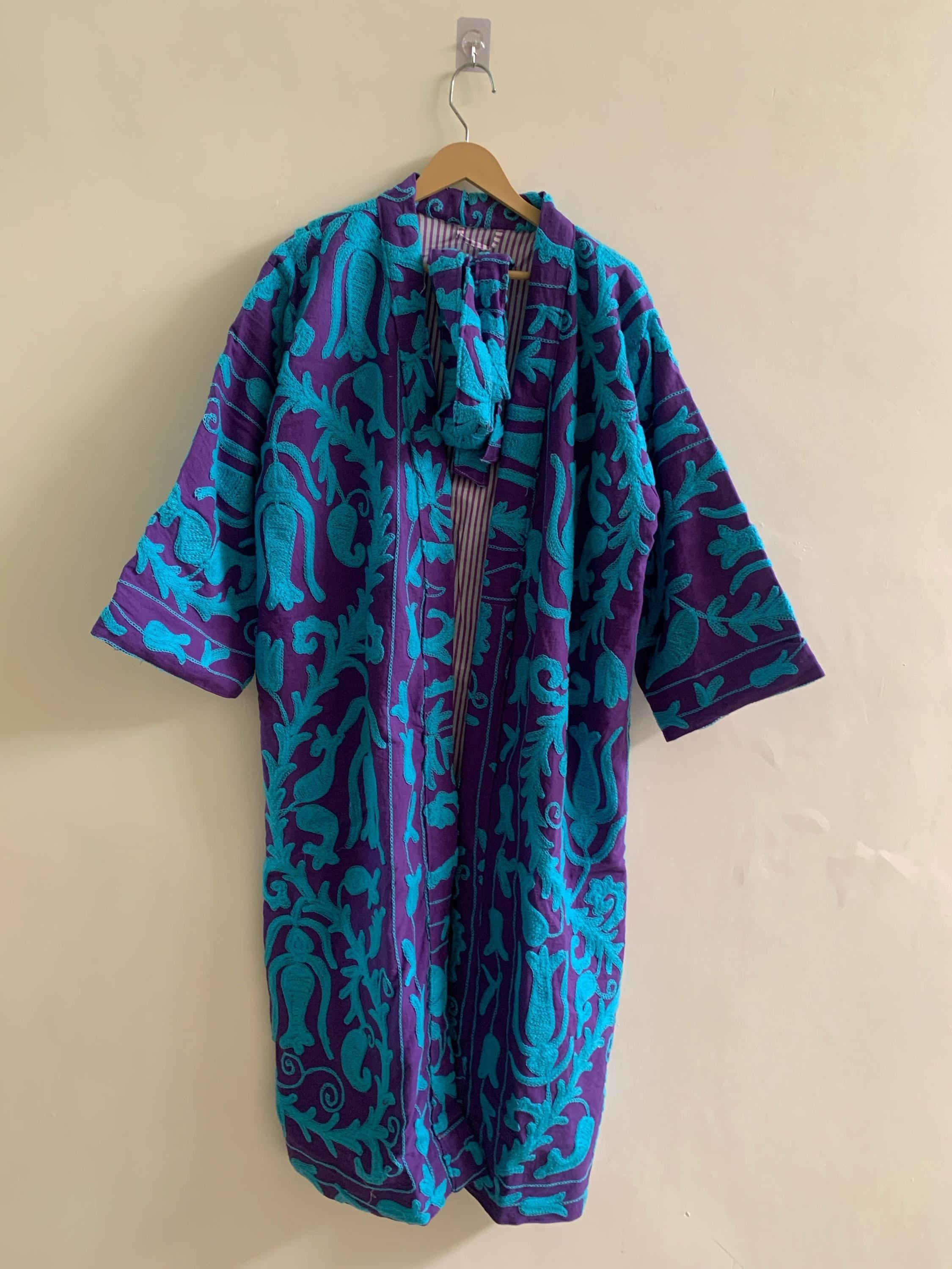 Embroidered Unisex Kimono |Japanese Inspired Kimono Jacket | Purple Cotton Canvas Robe | Handmade Boho Duster | Beach Cover Up |Gift for Her