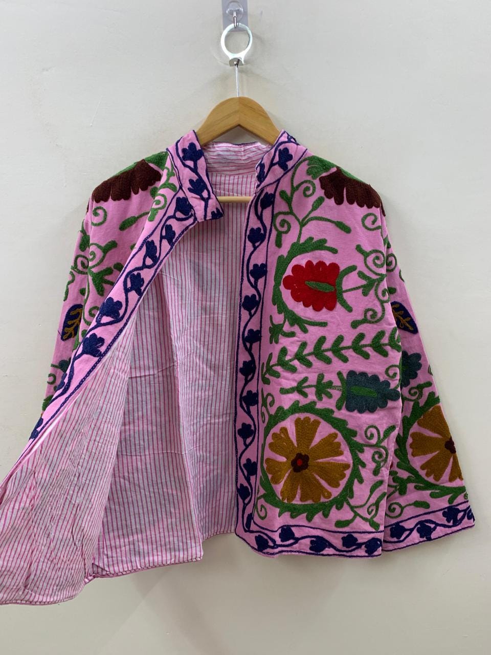 Pink Cotton Suzani Short Soft Jacket – Boho Festival Coat – Tribal Embroidered Outerwear | Spring Travel Coat | Summer Jacket | Gift For Her