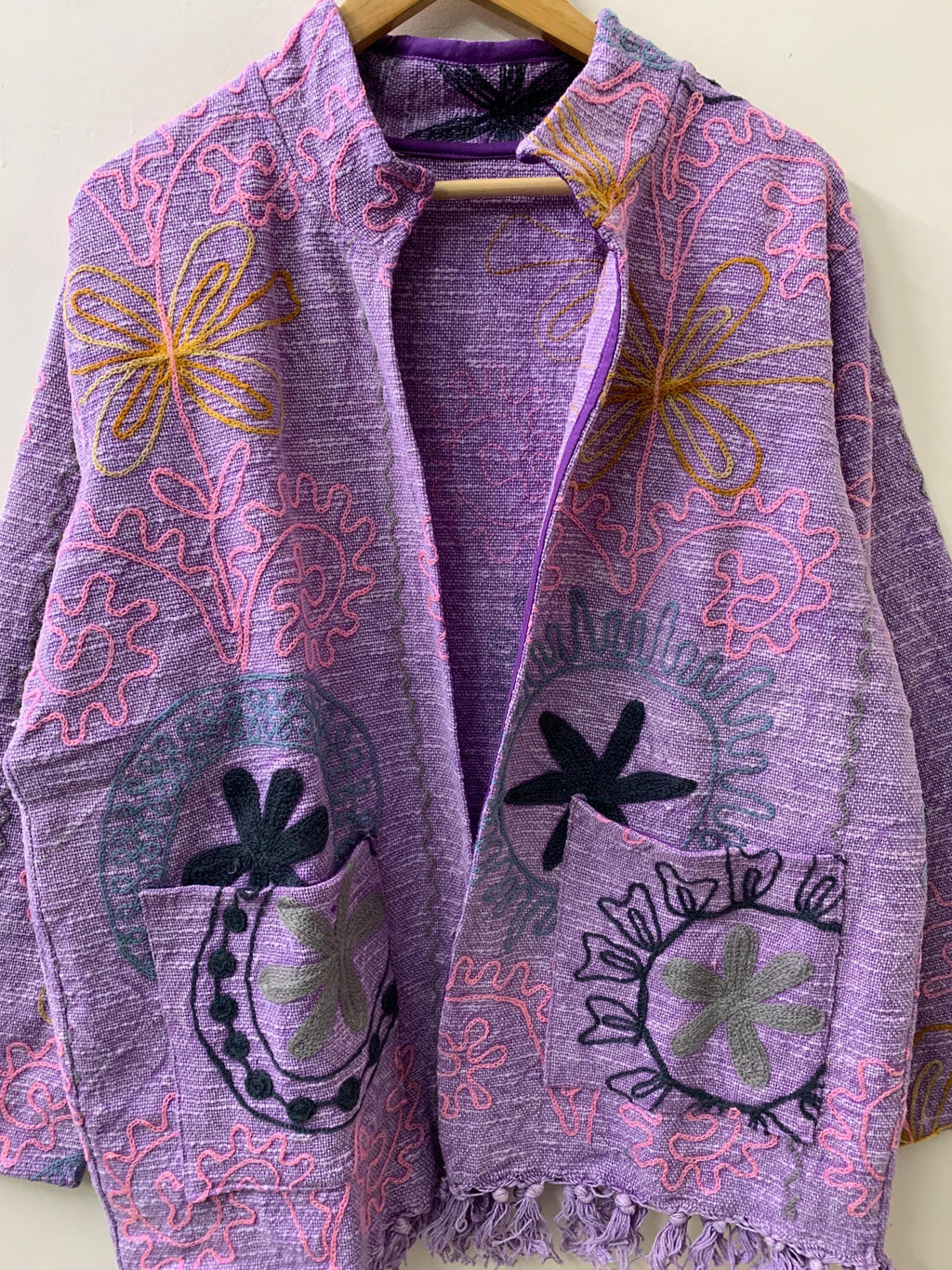 Ethnic Suzani Embroidered Cotton Kimono Throw | Bohemian Tribal Shrug | Spring Festival Coat | Long Duster Jacket Outerwear