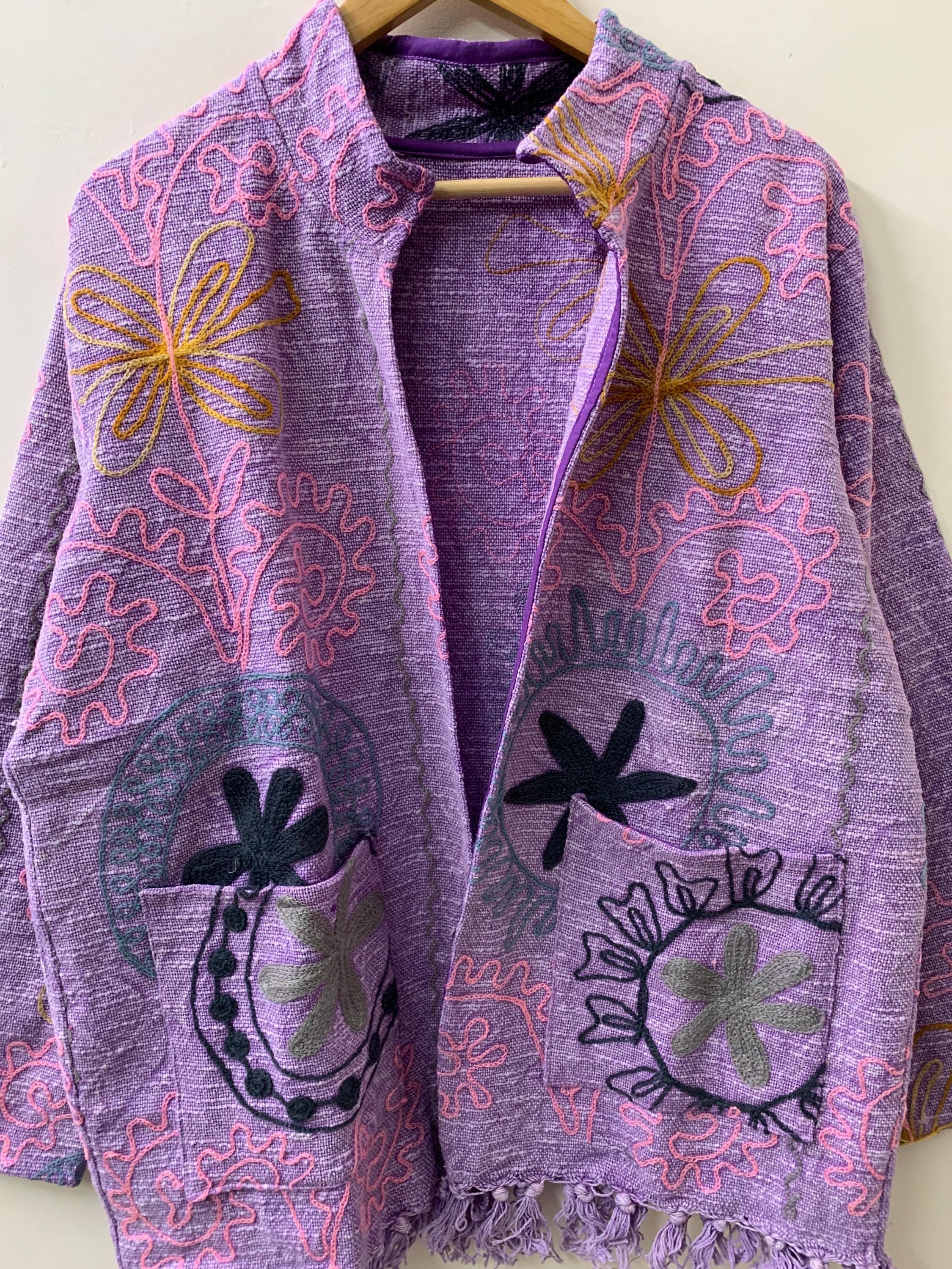Ethnic Suzani Embroidered Cotton Kimono Throw | Bohemian Tribal Shrug | Spring Festival Coat | Long Duster Jacket Outerwear
