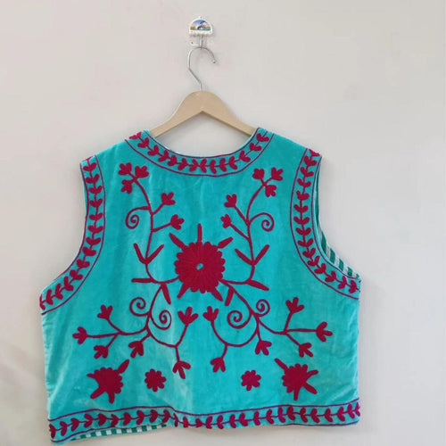 Blue Suzani Vest | Boho Embroidered Waistcoat |Gift For Her | Sleeveless Ethnic Jacket | Vintage Suzani Gilet | Festival Boho Clothing