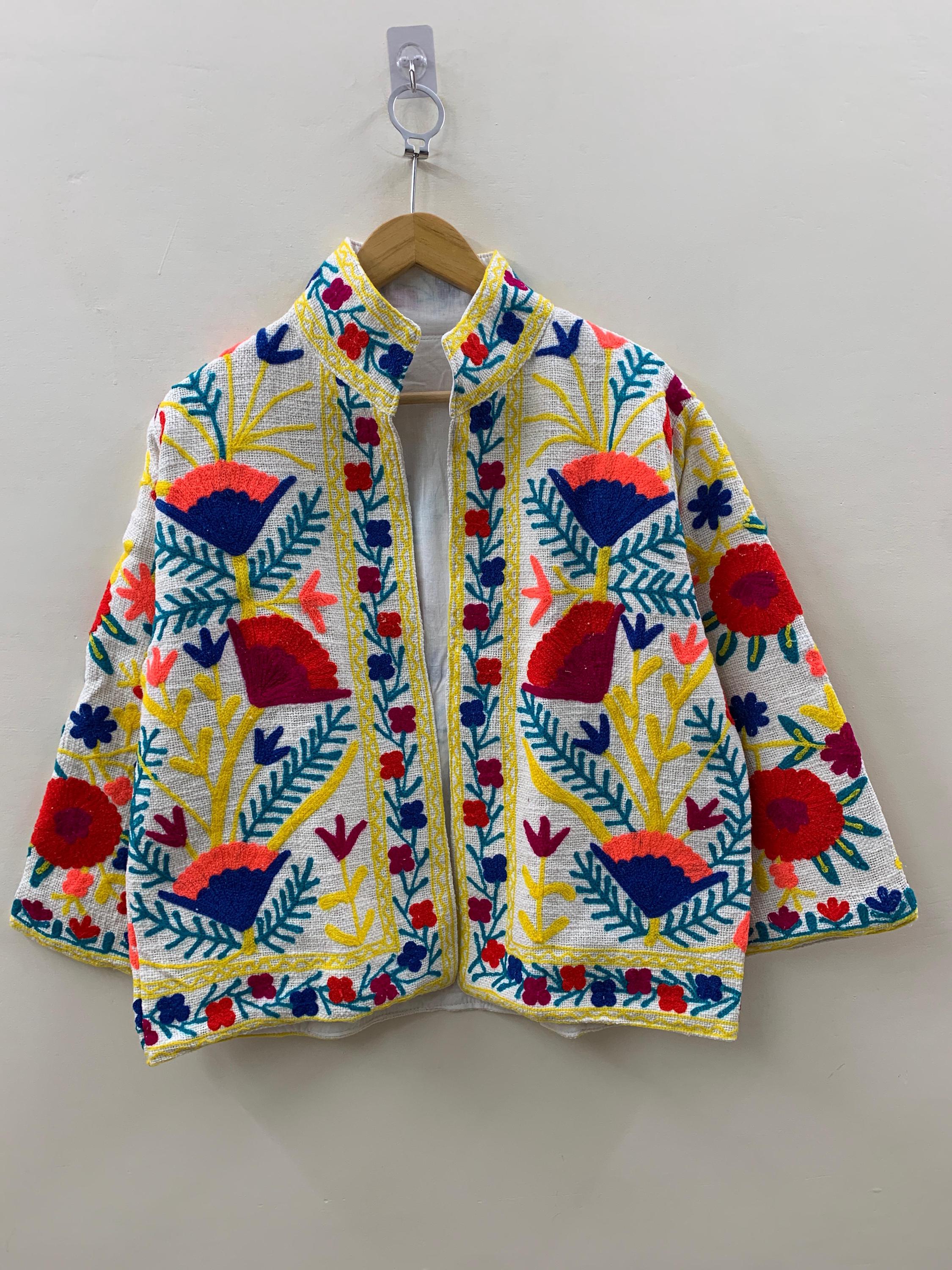 White Suzani Embroidered Jacket | Boho Floral Duster Coat | Handmade Bomber Jacket | Festival Kimono Jacket | TNT Short Jacket| Gift For Her