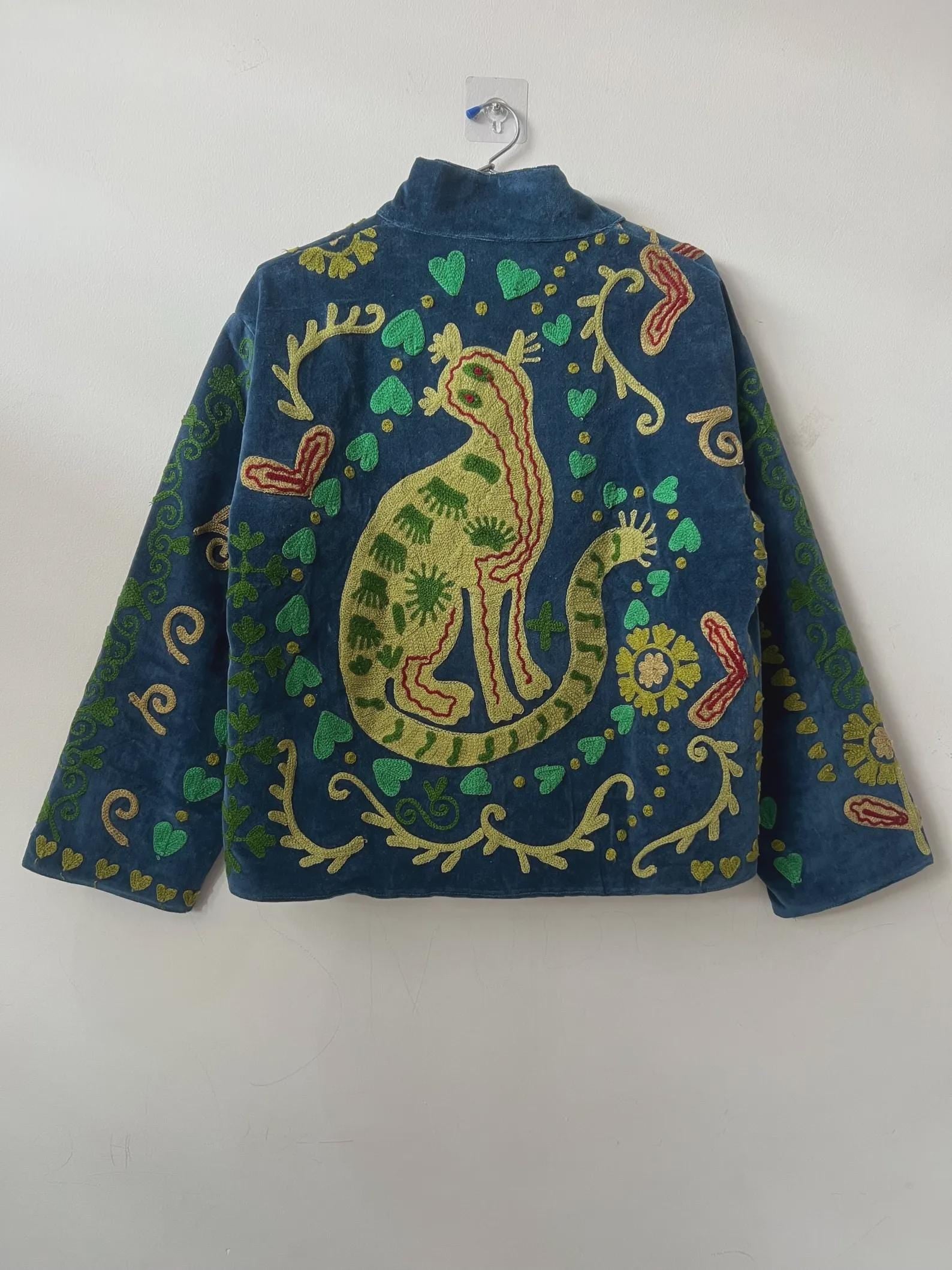 Bohemian Velvet Suzani Embroidered Coat | Floral Statement Jacket | Ethnic Duster Outerwear | Bomber Style Jacket |Gift For her