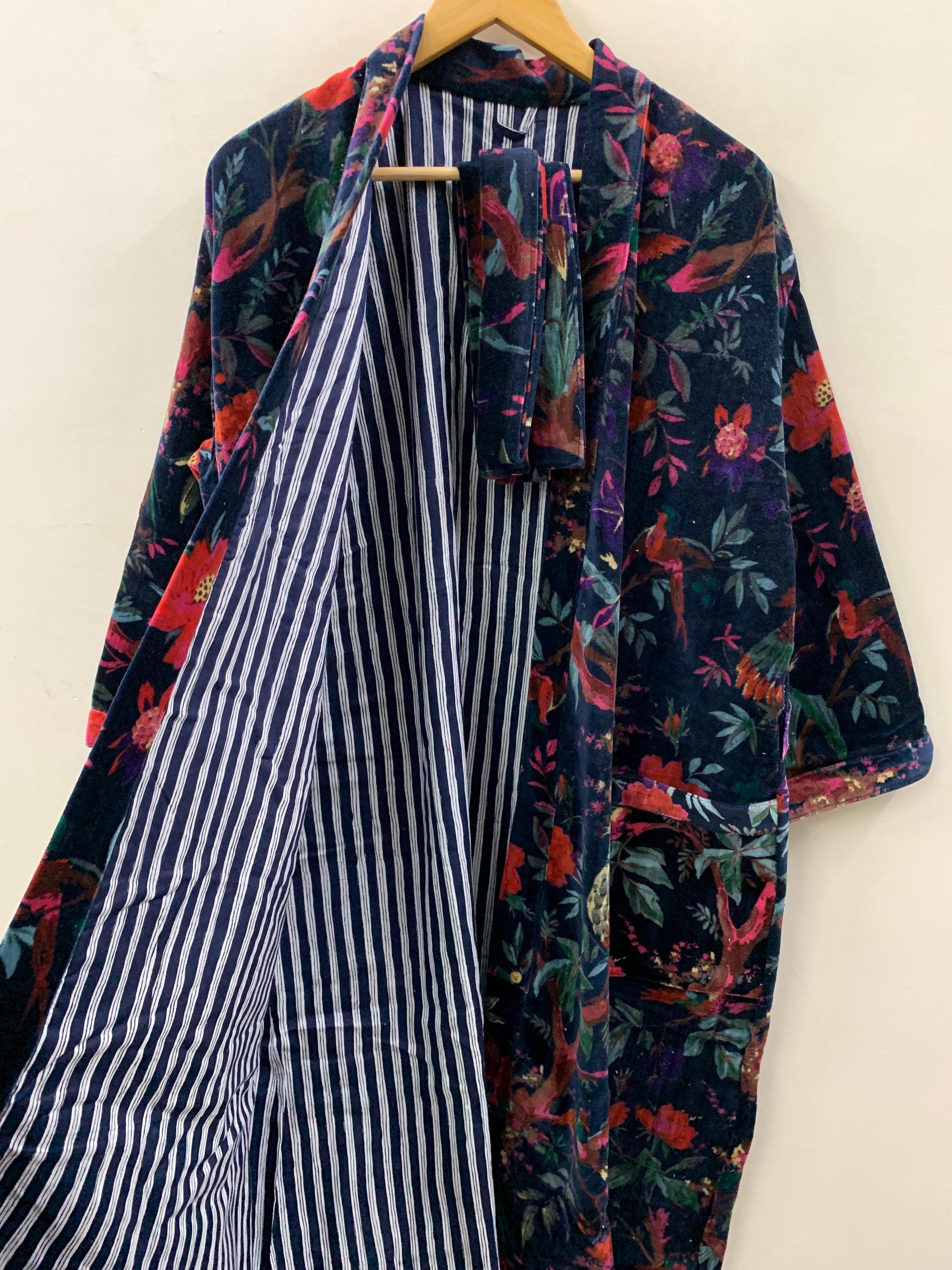 Dark Floral Velvet Kimono Robe | Navy Botanical Print Loungewear | Boho Dressing Gown with Belt | Women's Kimono Jacket | Soft Velvet Wrap