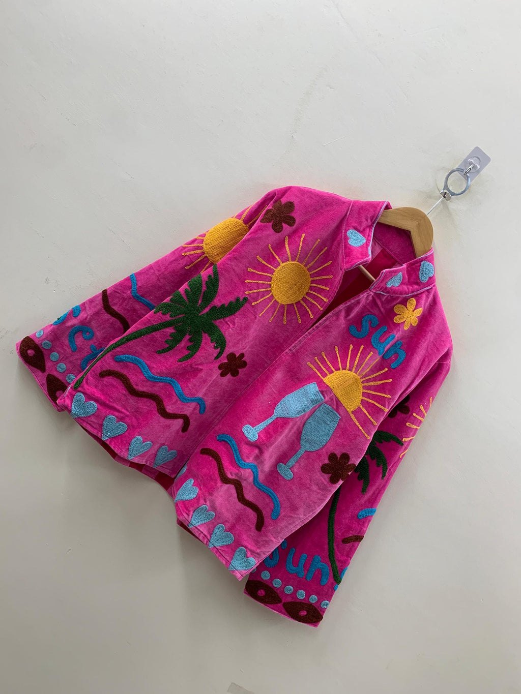 Bright Pink Velvet Suzani Short Jacket-Sun, Palm, Moon & Heart Design |Embroidered Statement Coat |  |Colorful Festival Jacket |Duster Coat