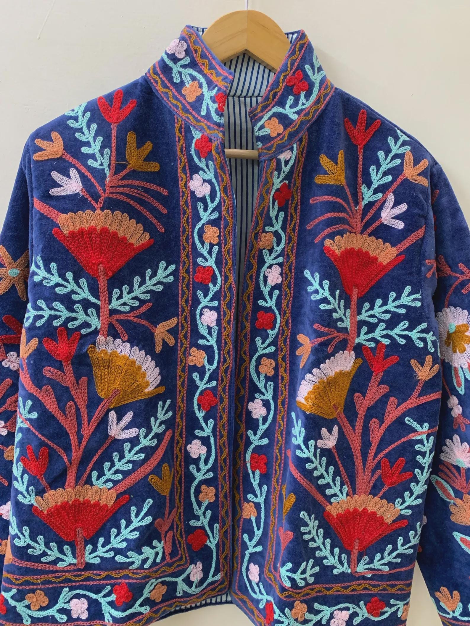 Blue Embroidery Suzani Velvet Short Jacket, Indian Handmade Floral Coat, Unisex Bridesmaid Gift, Winter Jacket, Women's Coat, Suzani Jacket
