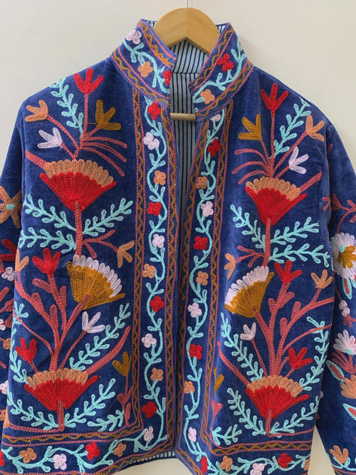 Blue Embroidery Suzani Velvet Short Jacket, Indian Handmade Floral Coat, Unisex Bridesmaid Gift, Winter Jacket, Women's Coat, Suzani Jacket
