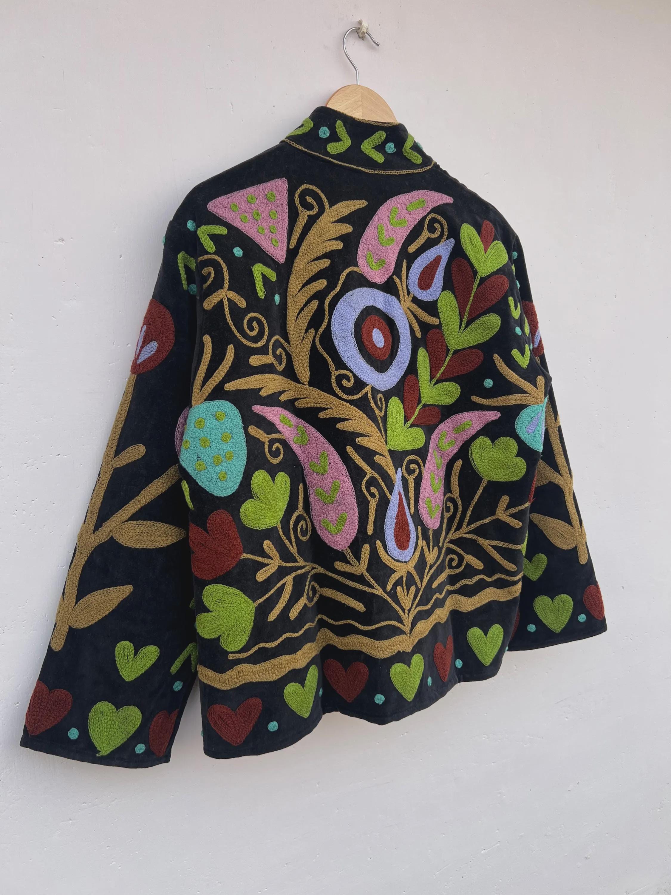 Handmade Velvet Suzani Jacket | Embroidered Floral Coat