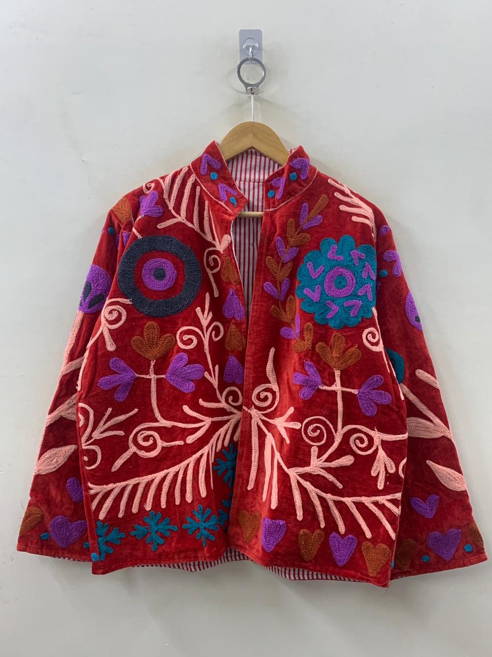 Red Handmade Floral Embroidery Velvet Jacket, Bohemian Suzani Coat, Gift For her