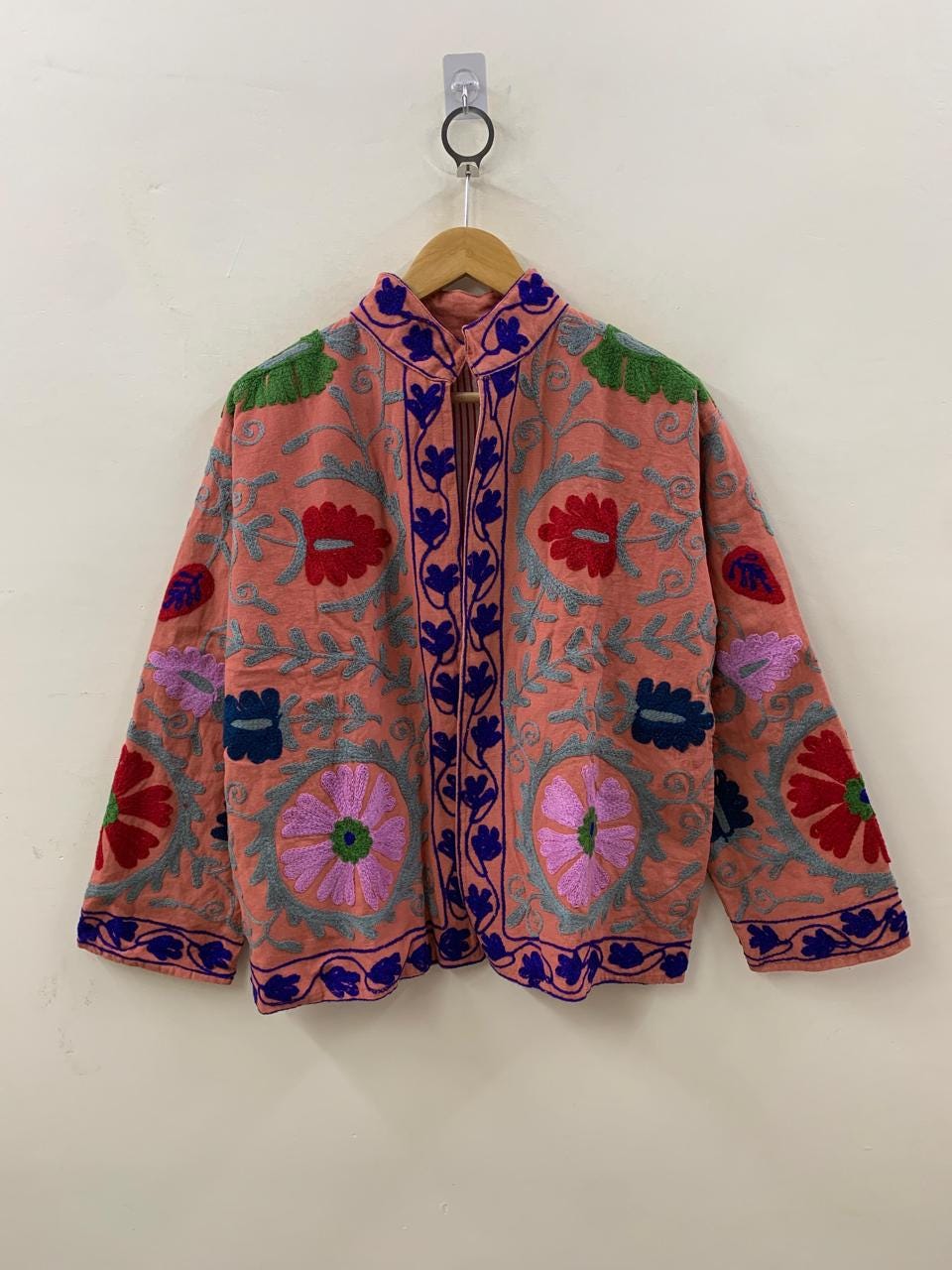 Indian Suzani Cotton Short Coat, Women's Jacket, Cotton Handmade Embroidery Coat, Suzani Cotton Boho Jacket, Gift For Her, Boho Suzani Coat
