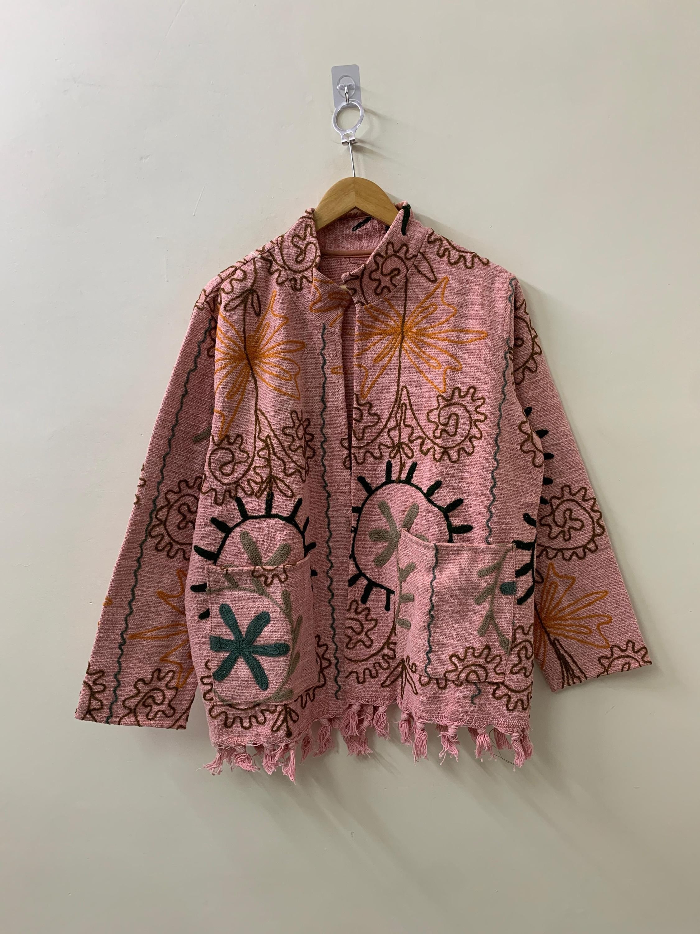 Ethnic Embroidered Cotton Suzani Kimono Throw | Boho Tribal Shrug | Lightweight Spring Coat | Long Festival Duster Outerwear