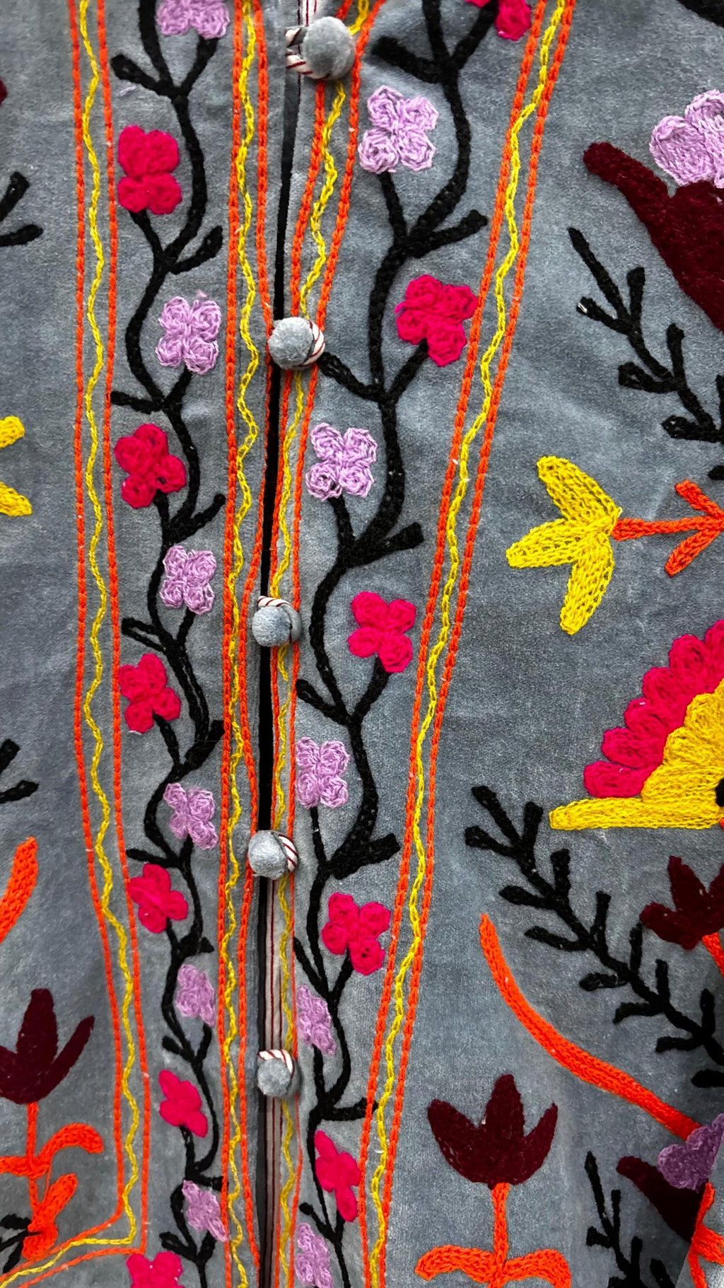 Suzani Floral Velvet Short Button Jacket – Boho Embroidered Coat- Winter Coat - Uzbek Travel Jacket, Festival Style Outerwear -Street Coat