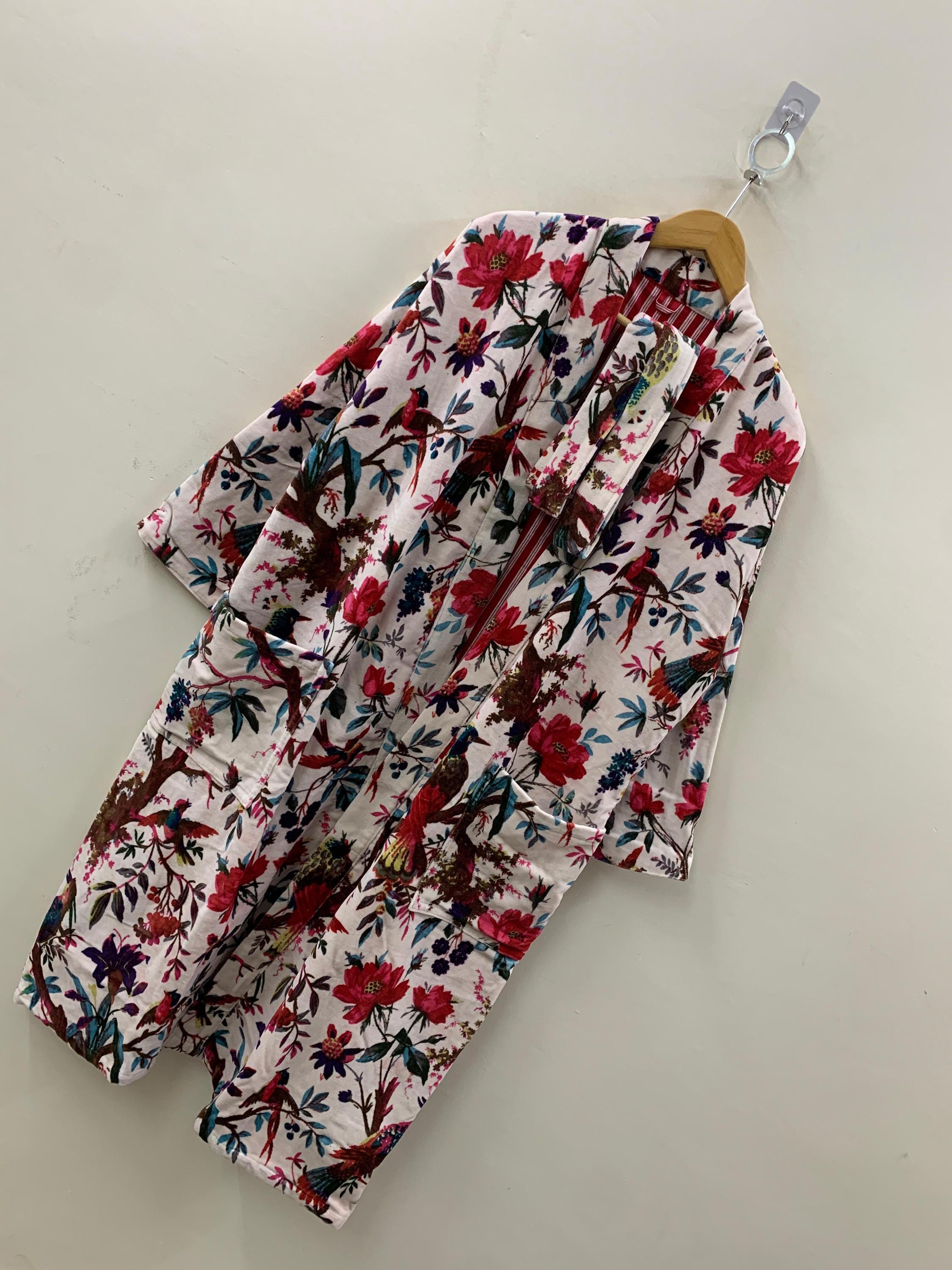 Floral Velvet Winter Kimono Robe | Boho Lounge Wear | Pink Botanical Print Winter Robe with Belt | Women’s Warm Dressing Gown | Gift for Her