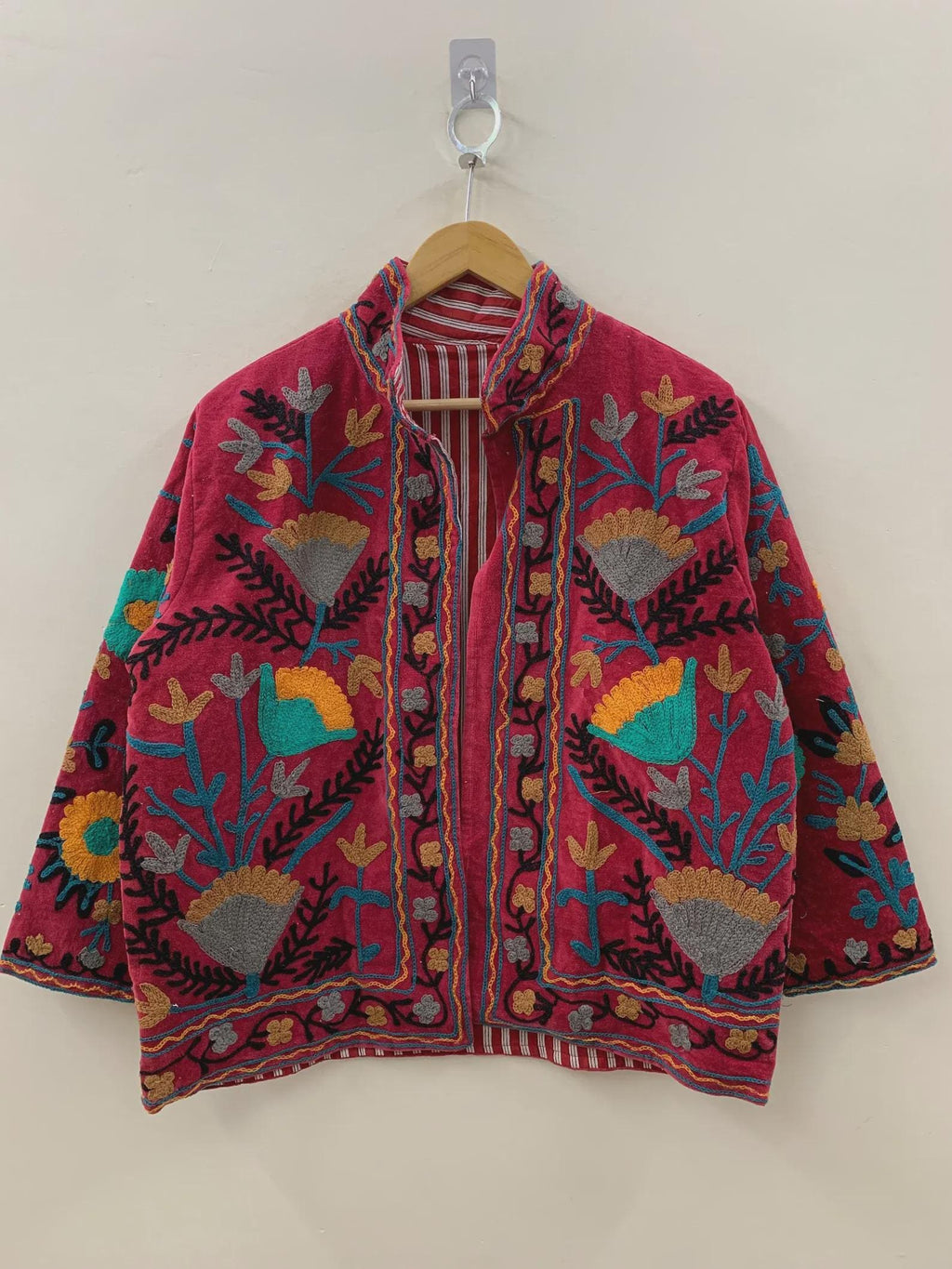 Boho Suzani Velvet Kimono Jacket | Hand Embroidered Short Coat | Vintage Ethnic Wear | Cropped Jacket | Winter Outfit | Gift for Her