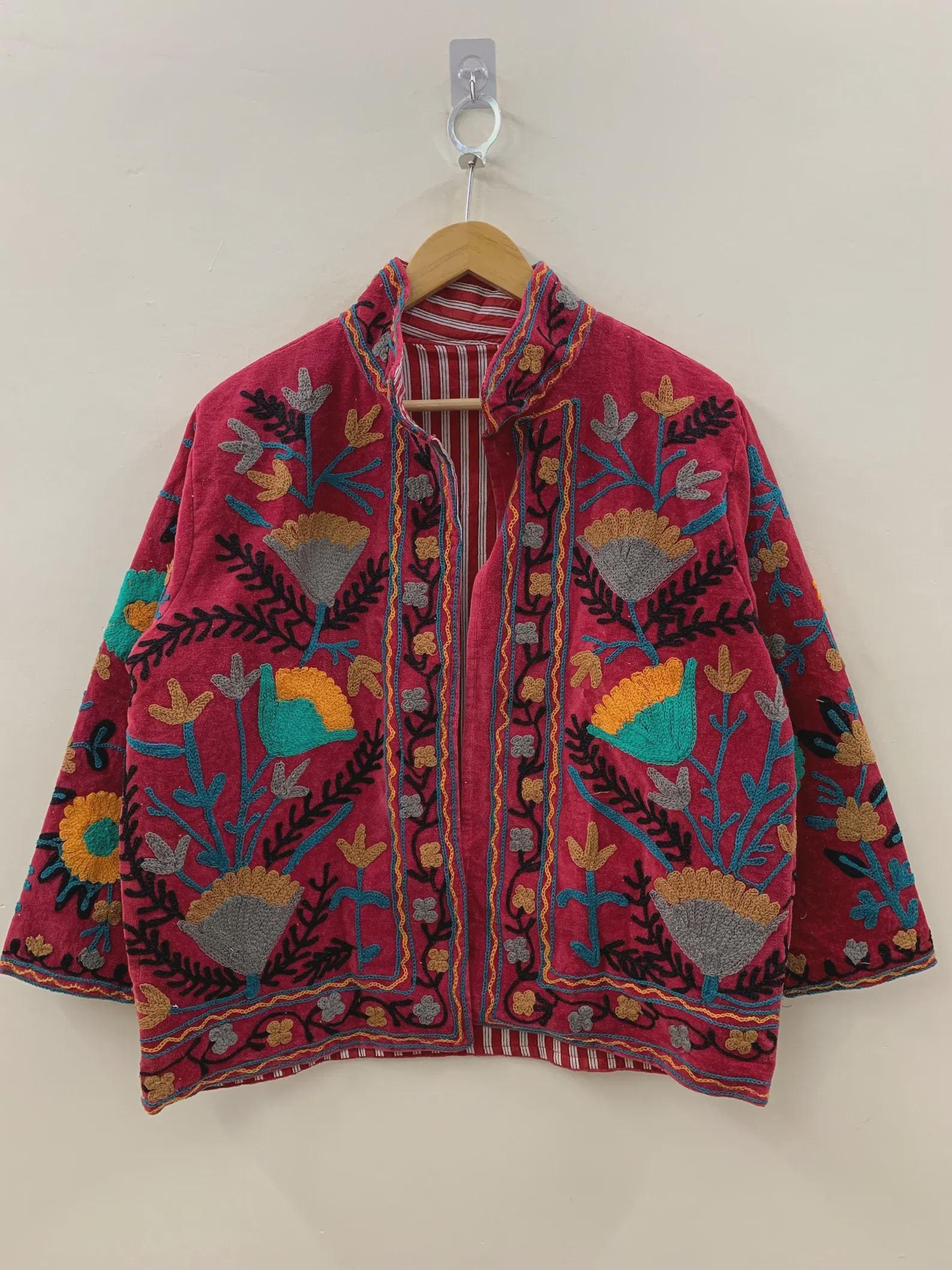 Boho Suzani Velvet Kimono Jacket | Hand Embroidered Short Coat | Vintage Ethnic Wear | Cropped Jacket | Winter Outfit | Gift for Her