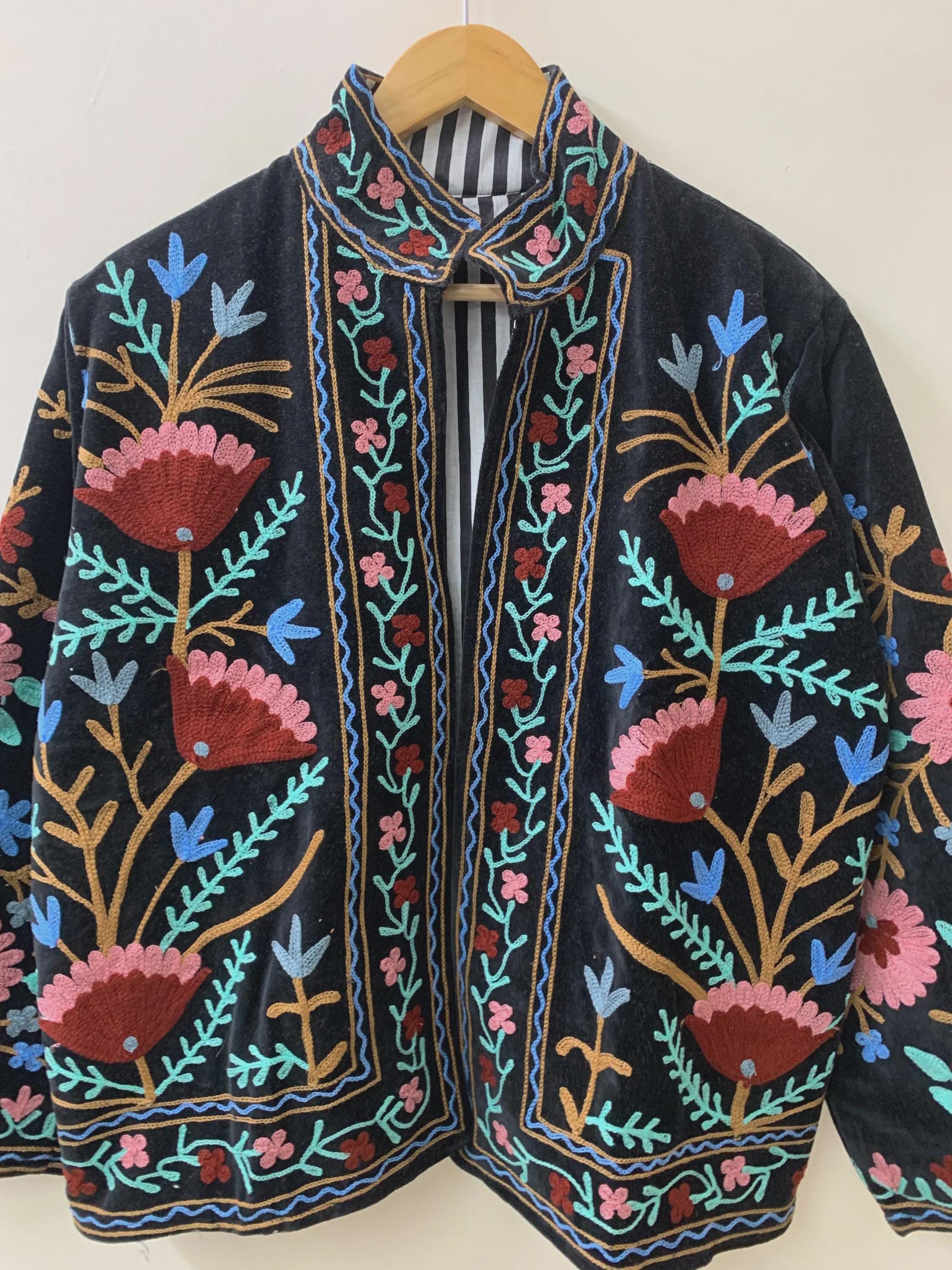 Boho Ethnic Suzani Velvet Cropped Winter Jacket | Traditional Boho Festival Coat | Handmade Embroidered Kimono Outerwear | Gift for Her