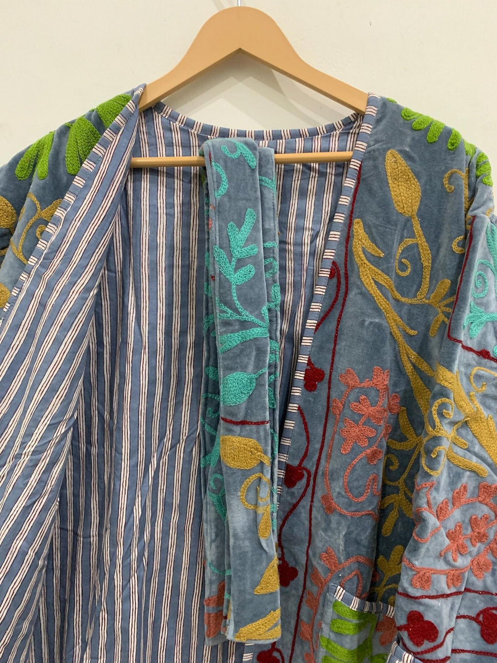 Grey Velvet Suzani Long Boho Robe | Ethnic Embroidered Kimono Coat | Vintage Duster | Bohemian Festival Wear | Gift For Her |Beach Cover Up