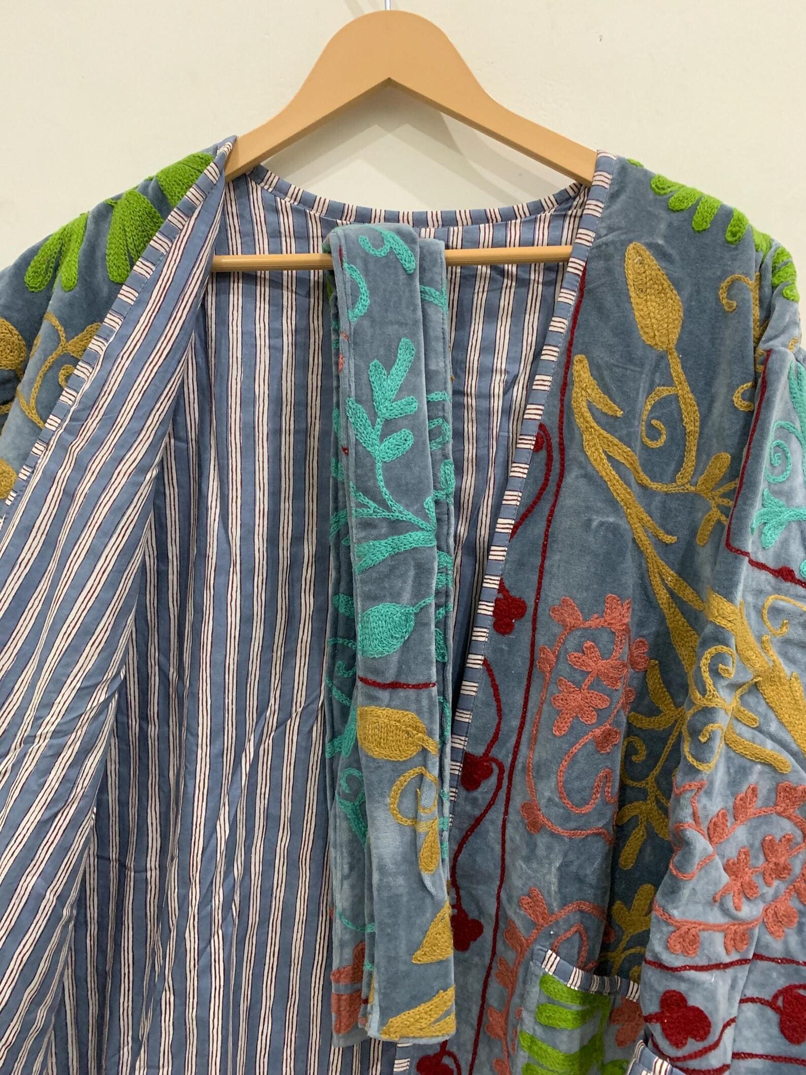 Grey Velvet Suzani Long Boho Robe | Ethnic Embroidered Kimono Coat | Vintage Duster | Bohemian Festival Wear | Gift For Her |Beach Cover Up